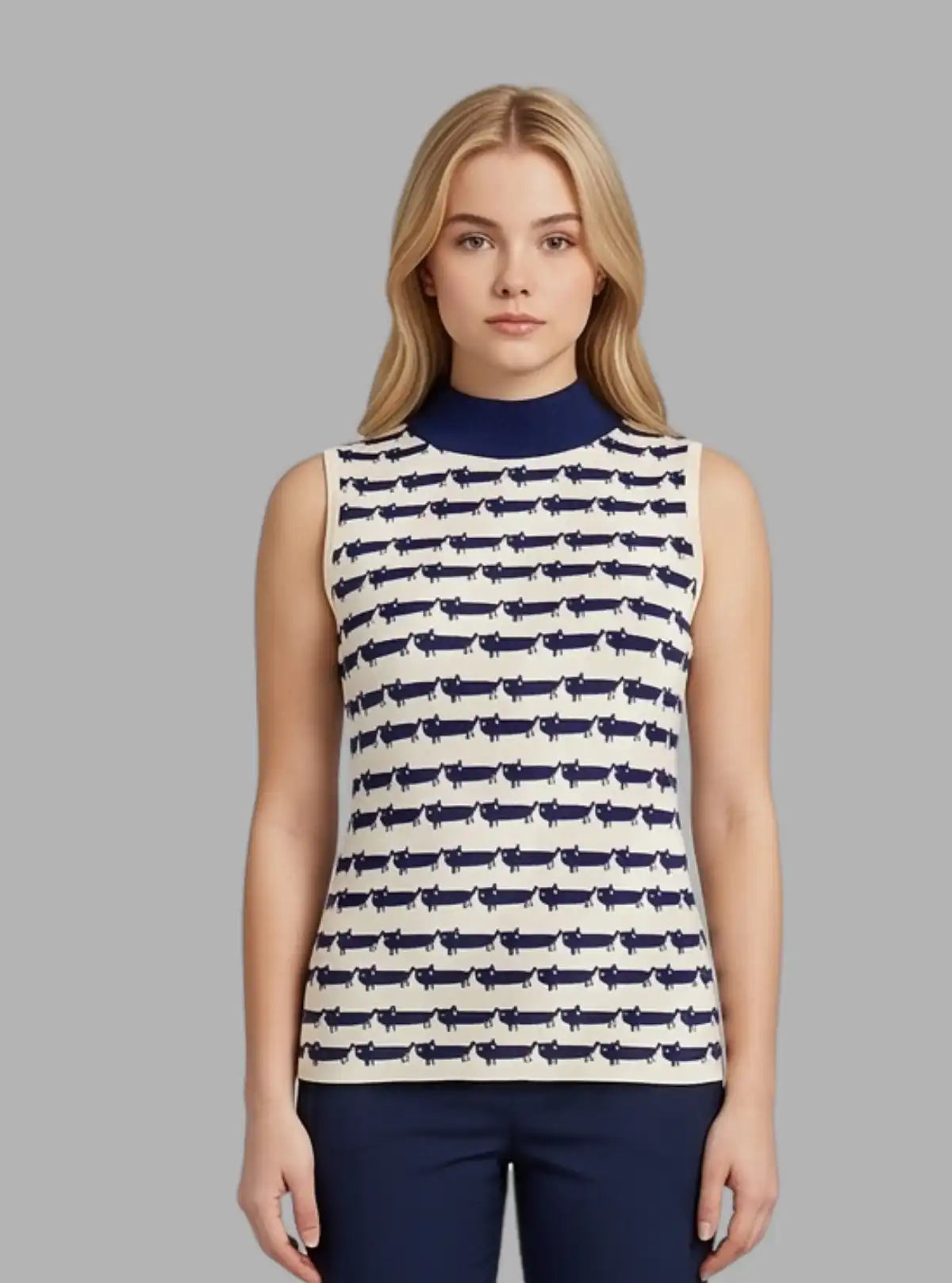 Women’s Cat Print High Neck Sleeveless Top – Trendy & Comfortable | Boer & Fitch