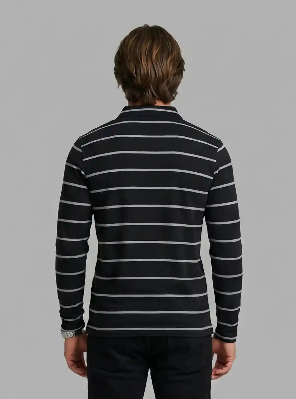 Men’s Black Striped Full Sleeve Polo T-Shirt – Sleek & Refined Style