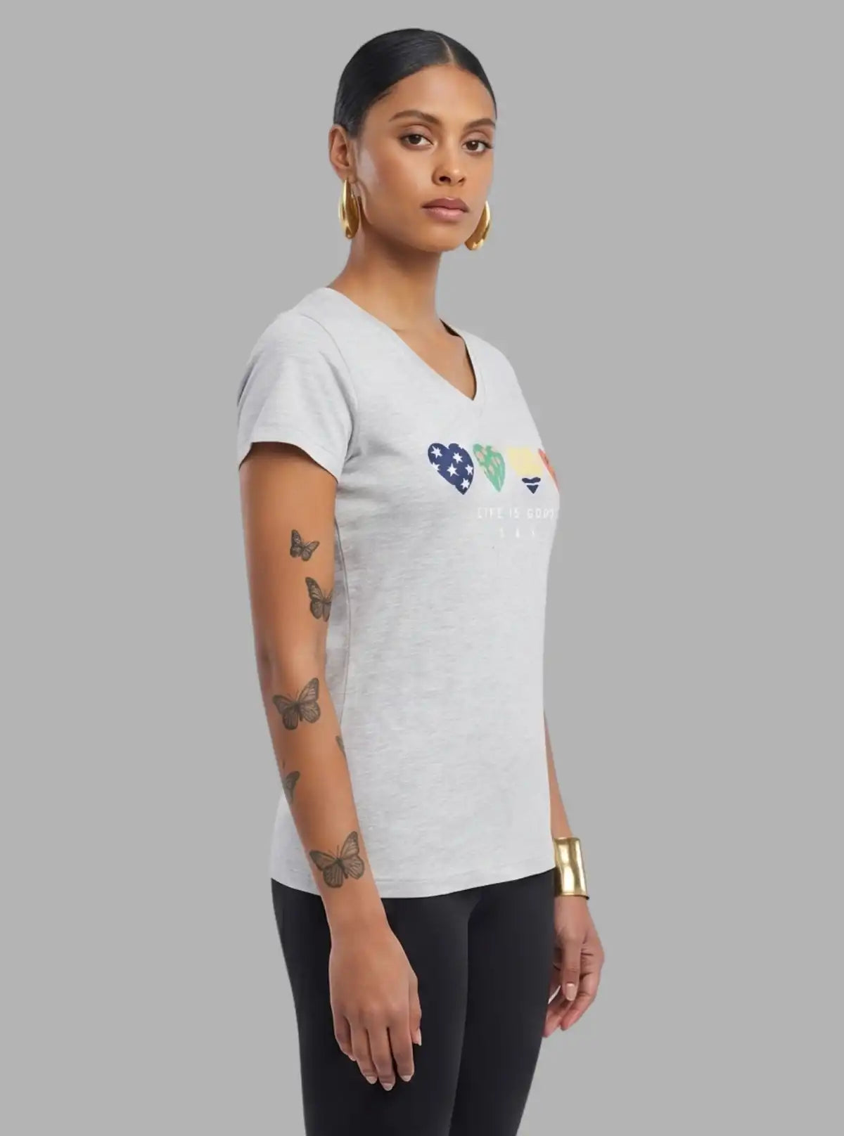Women’s White Melange V-Neck Multi-Heart Printed Short Sleeve Cotton Jersey T-Shirt by Boer and Fitch