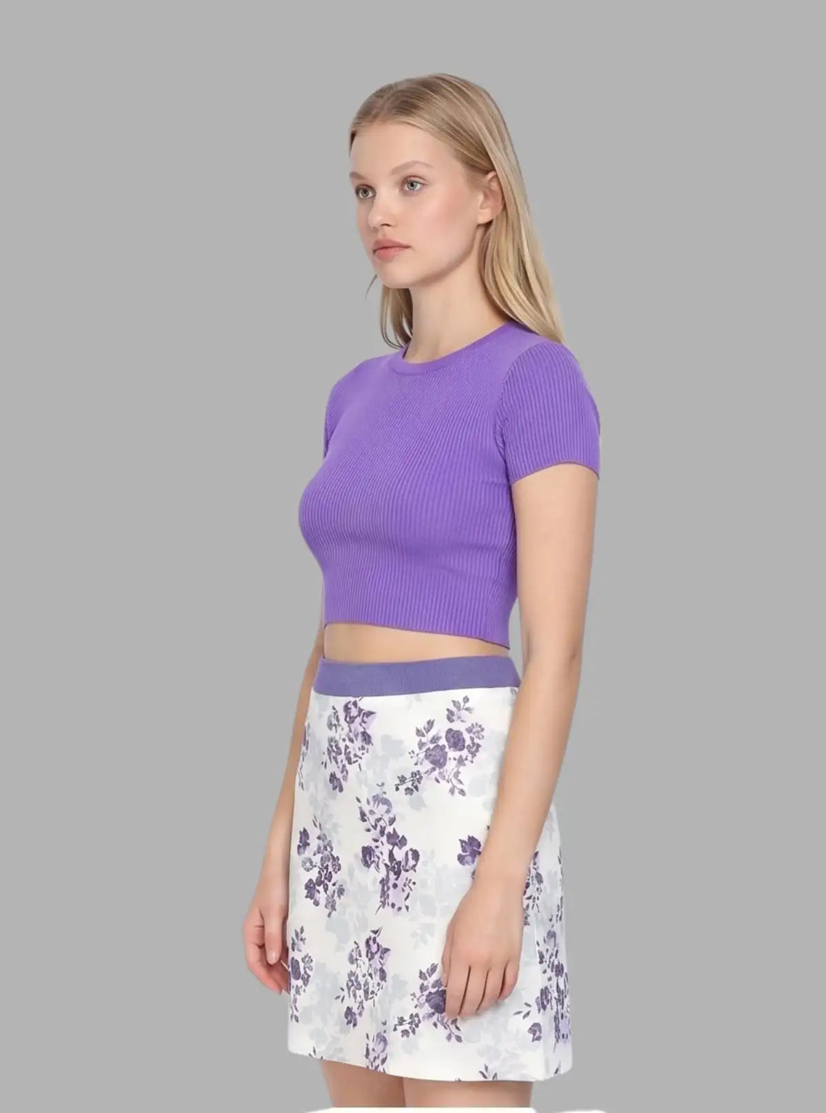 Women's Purple Floral Print Cotton Jersey Skirt – Elegant & Breezy