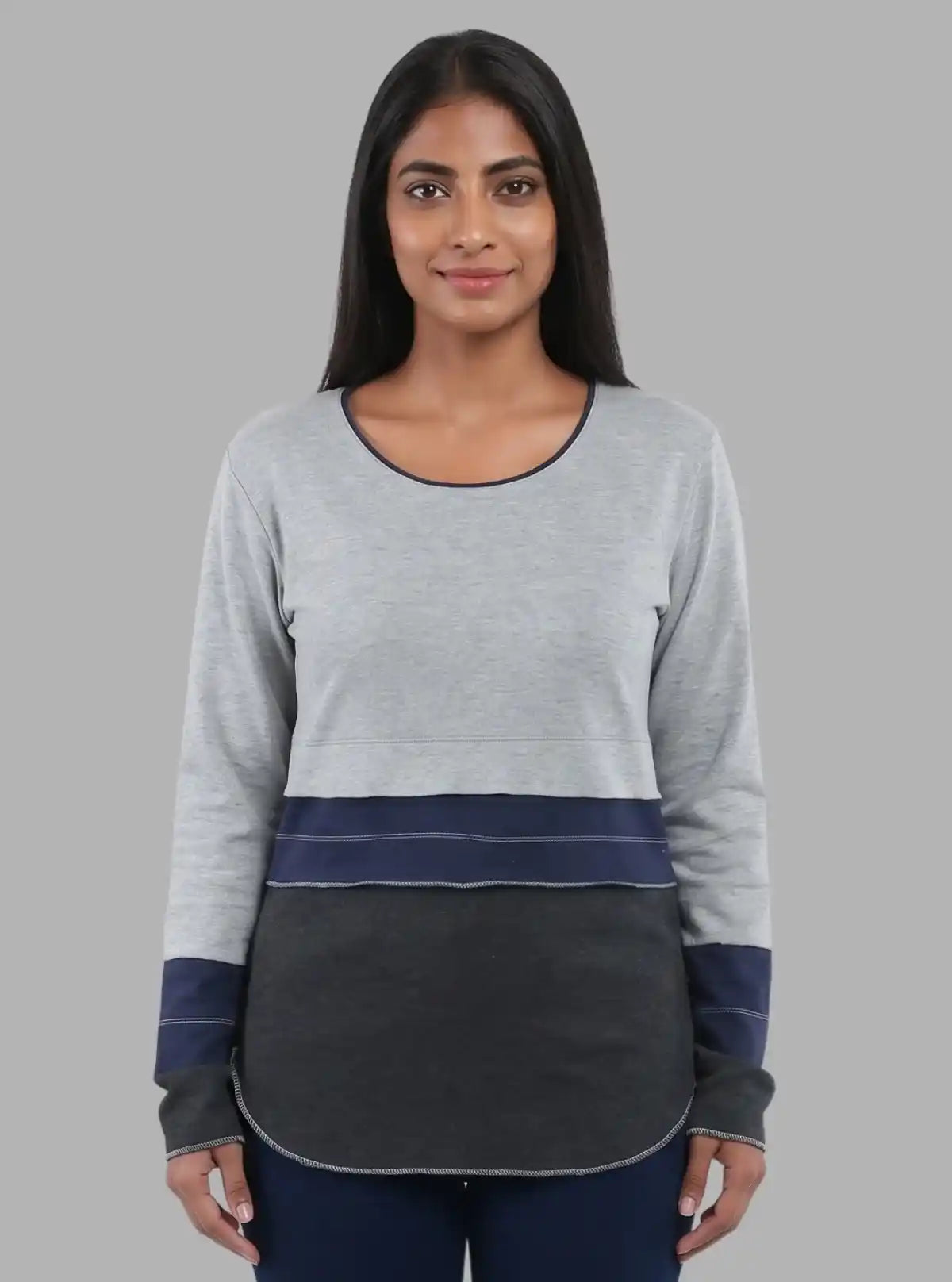 Women’s Grey Melange Scoop Neck Cut and Sew Long Sleeve Top – Cotton Rib Knit by Boer & Fitch