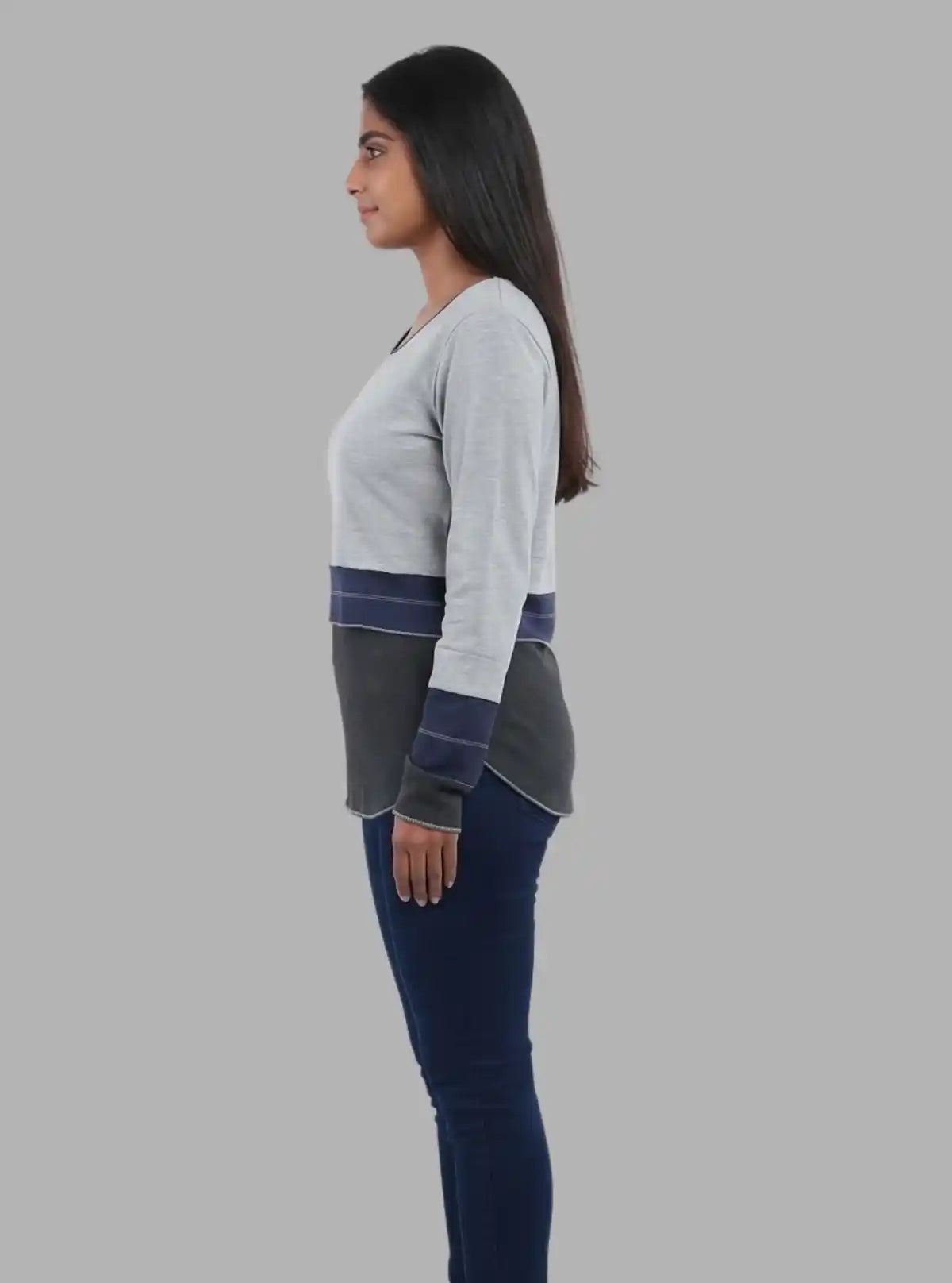 Women’s Grey Melange Scoop Neck Cut and Sew Long Sleeve Top – Cotton Rib Knit by Boer & Fitch