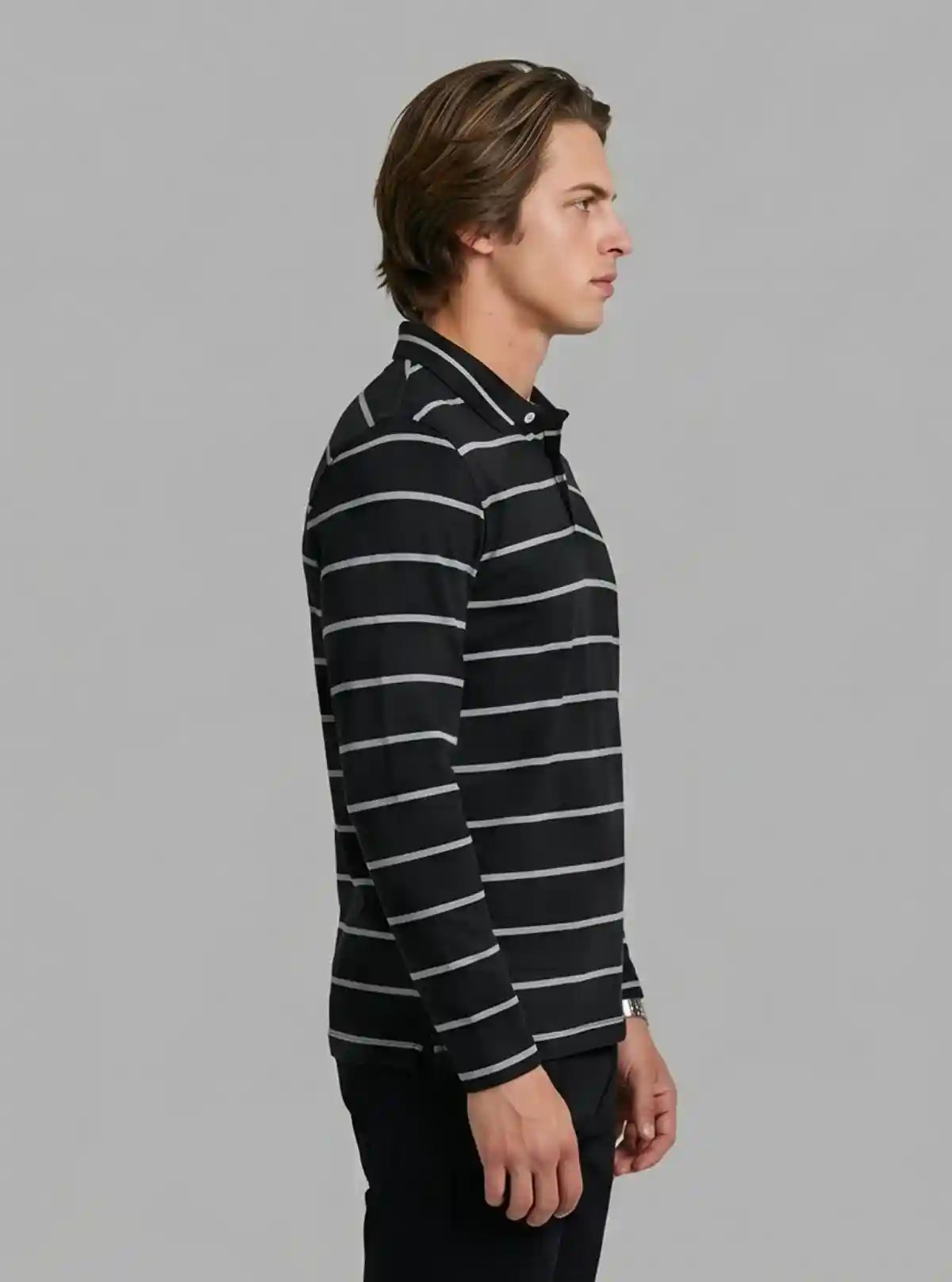 Men’s Black Striped Full Sleeve Polo T-Shirt – Sleek & Refined Style