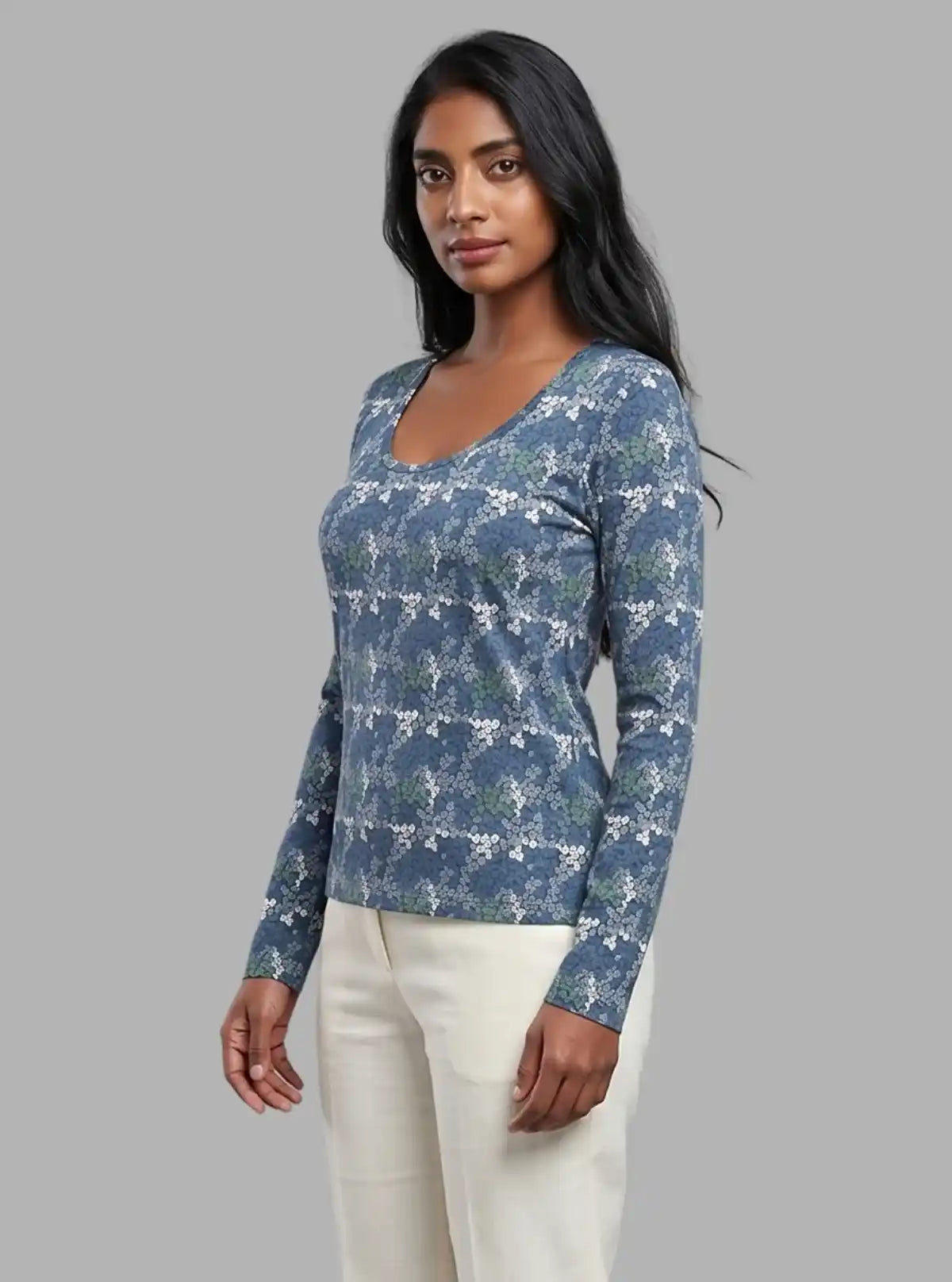 Women's Blue Multi-Color Floral Print Long Sleeve Cotton Jersey Top