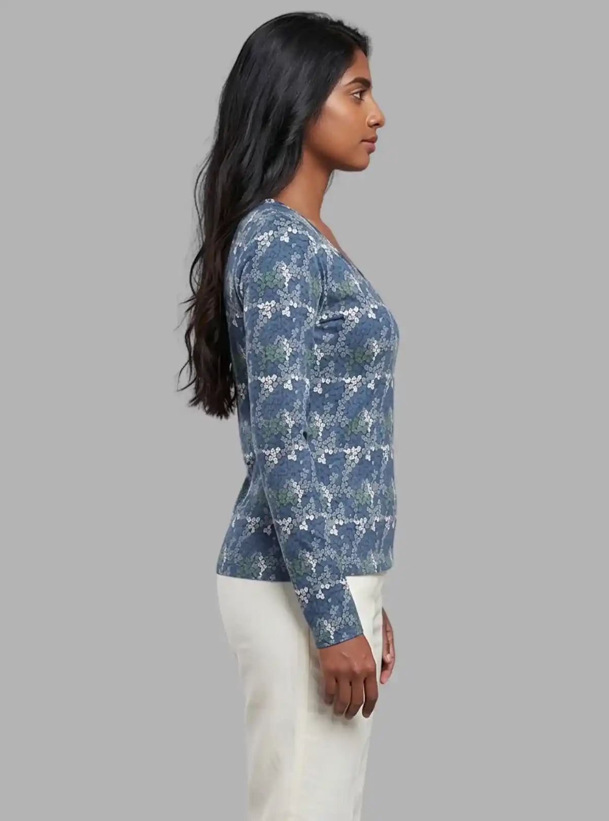 Women's Blue Multi-Color Floral Print Long Sleeve Cotton Jersey Top