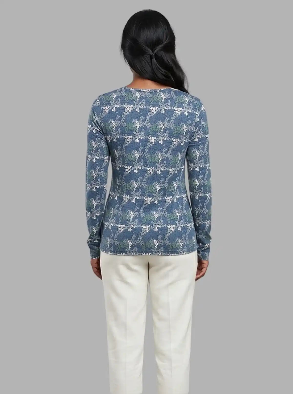 Women's Blue Multi-Color Floral Print Long Sleeve Cotton Jersey Top