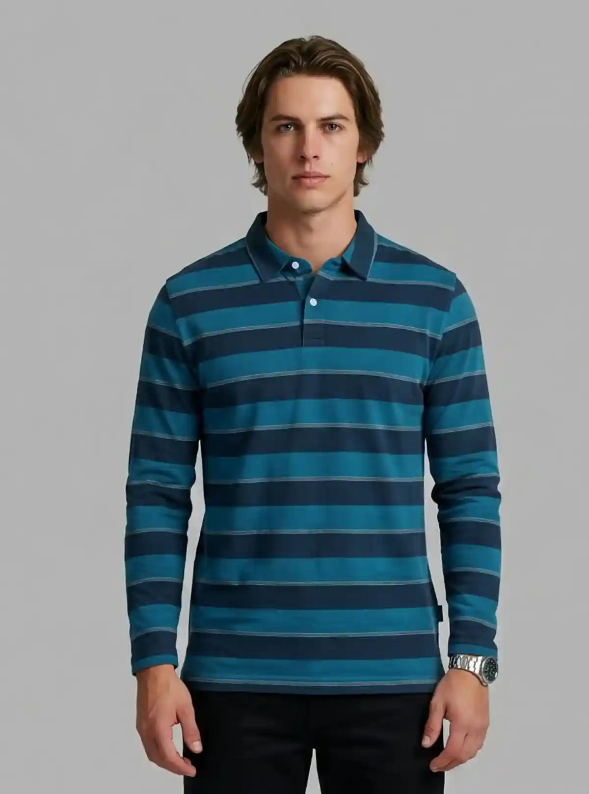 Men’s Blue Striped Full Sleeve Polo T-Shirt – Classic Comfort Meets Modern Style