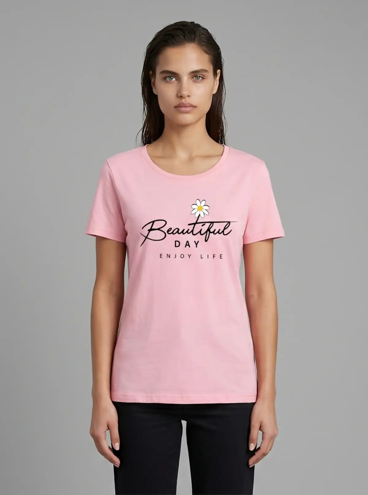 Women's Pink Crew Neck Printed Cotton Jersey Short Sleeve T-Shirt by Boer and Fitch