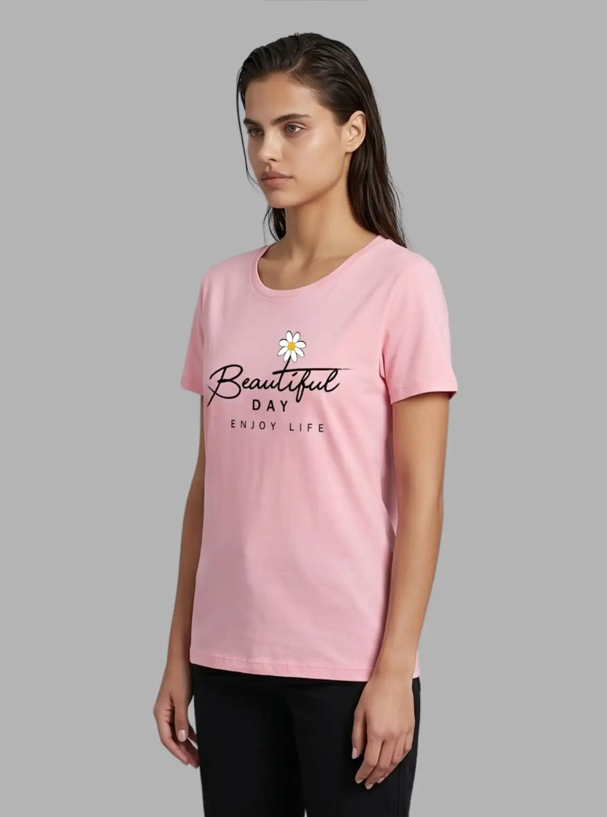 Women's Pink Crew Neck Printed Cotton Jersey Short Sleeve T-Shirt by Boer and Fitch