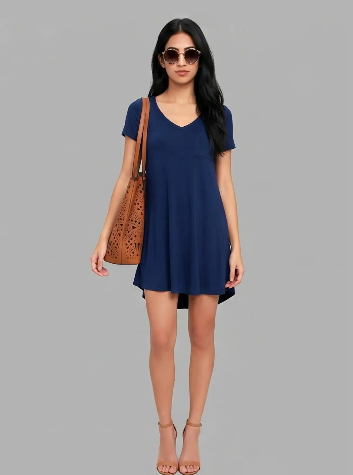Women's Ink Blue Cotton Short Sleeve Dress – Effortless Everyday Style