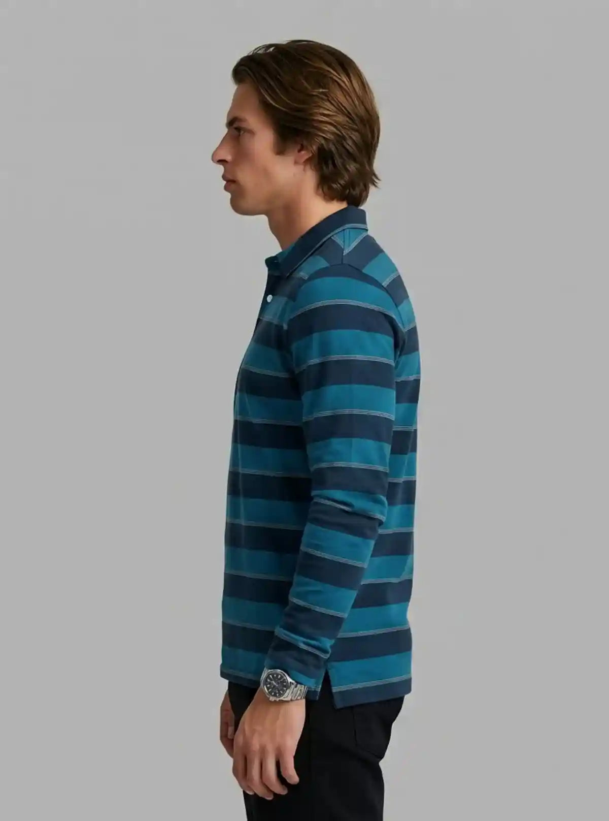 Men’s Blue Striped Full Sleeve Polo T-Shirt – Classic Comfort Meets Modern Style