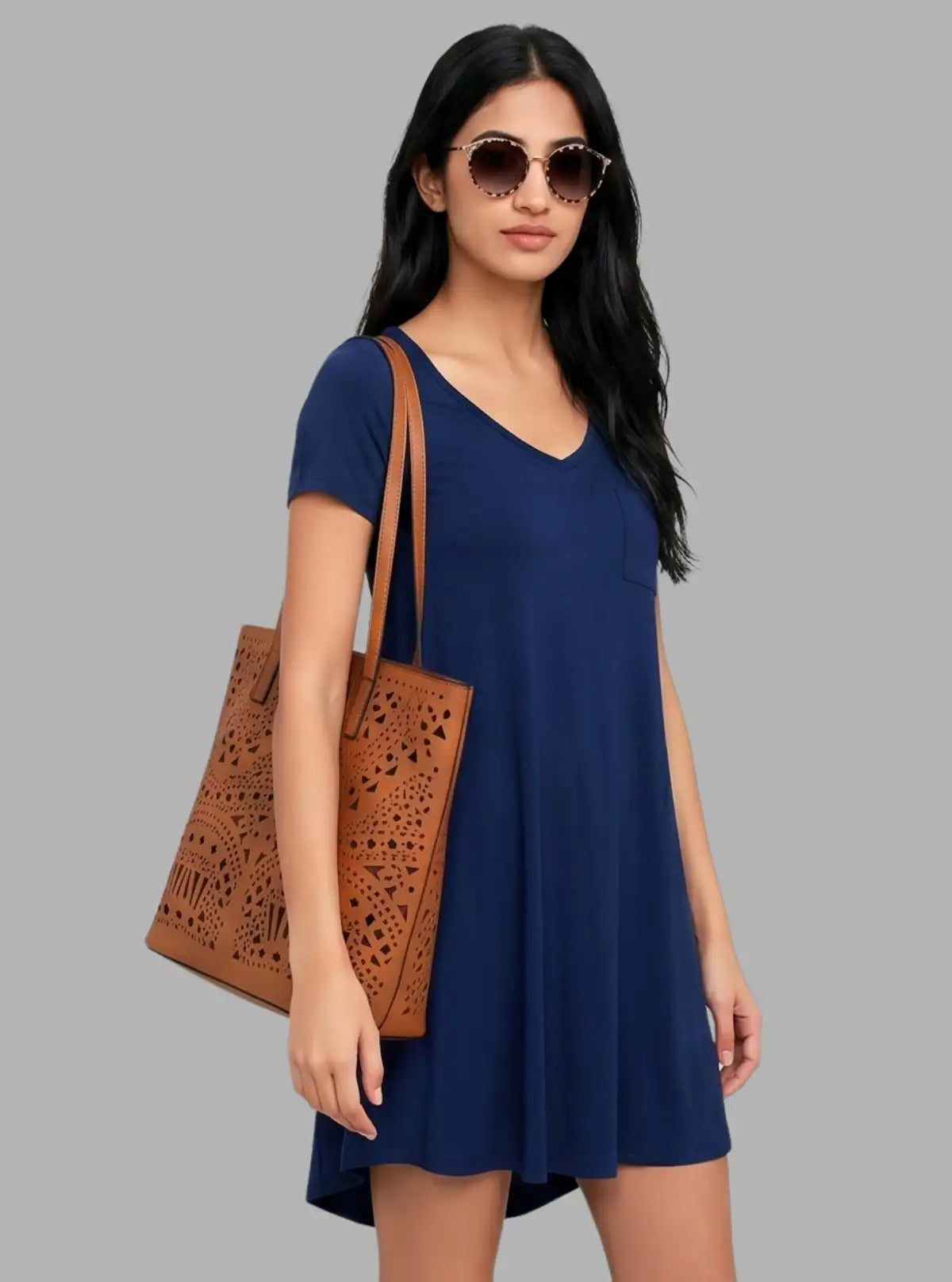 Women's Ink Blue Cotton Short Sleeve Dress – Effortless Everyday Style