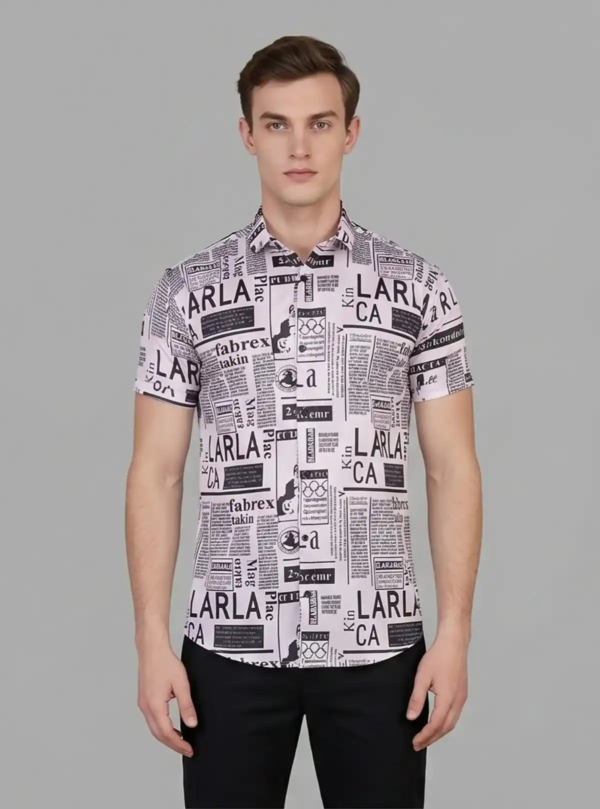 Men’s White Newspaper Print Poly Shirt – Trendy Slim Fit Casualwear by Boer & Fitch