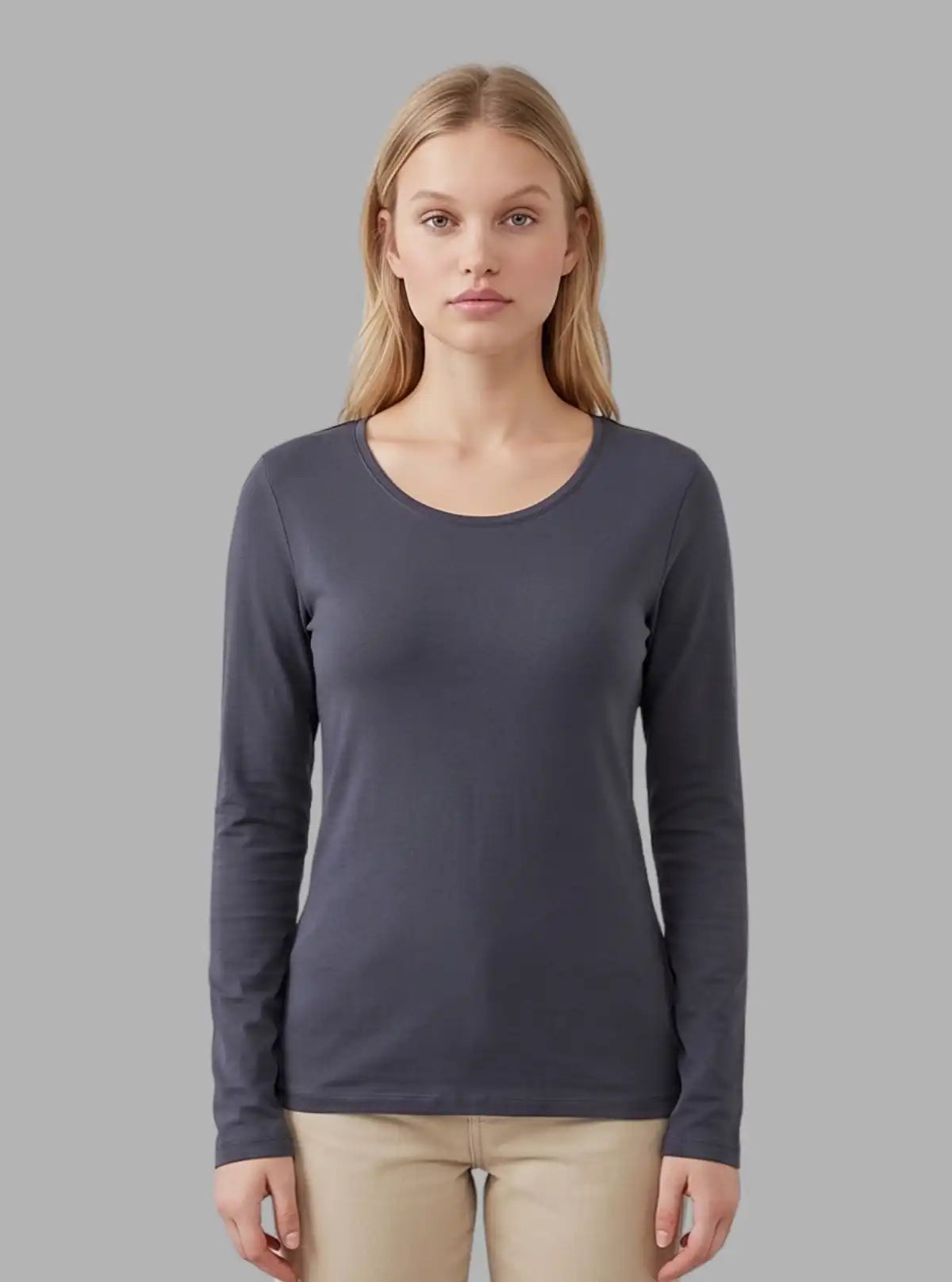 Women's Grey Crew Neck Cotton Jersey Long Sleeve T-Shirt by Boer and Fitch