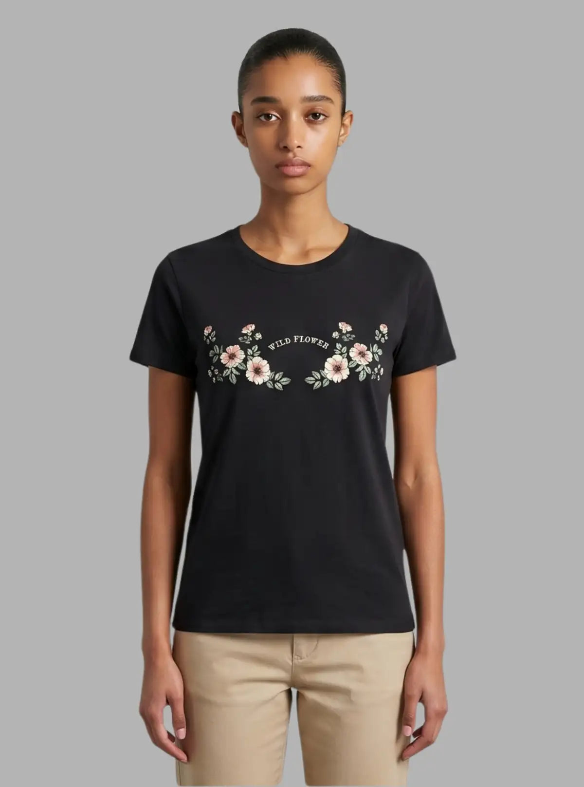 Women's Black Crew Neck Printed Cotton Jersey Short Sleeve T-Shirt by Boer and Fitch
