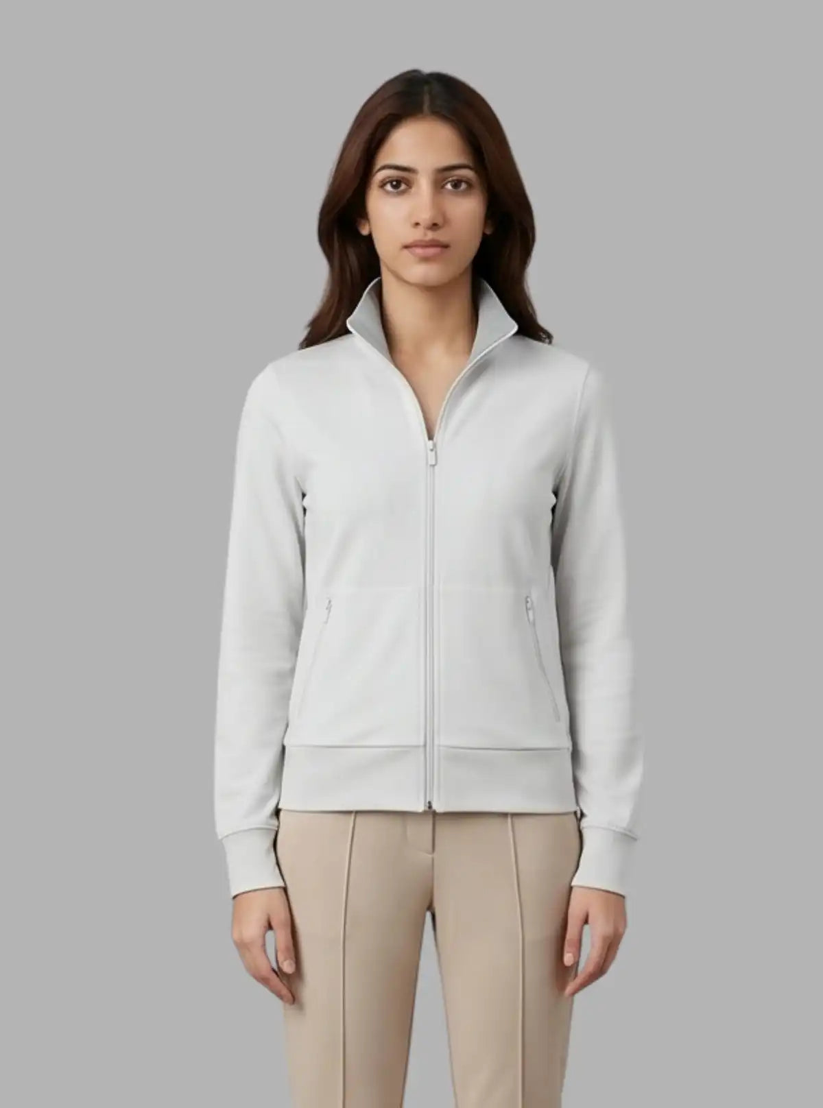 Women’s White Zipper Sweatshirt in Soft Cotton Fleece with Full Sleeves