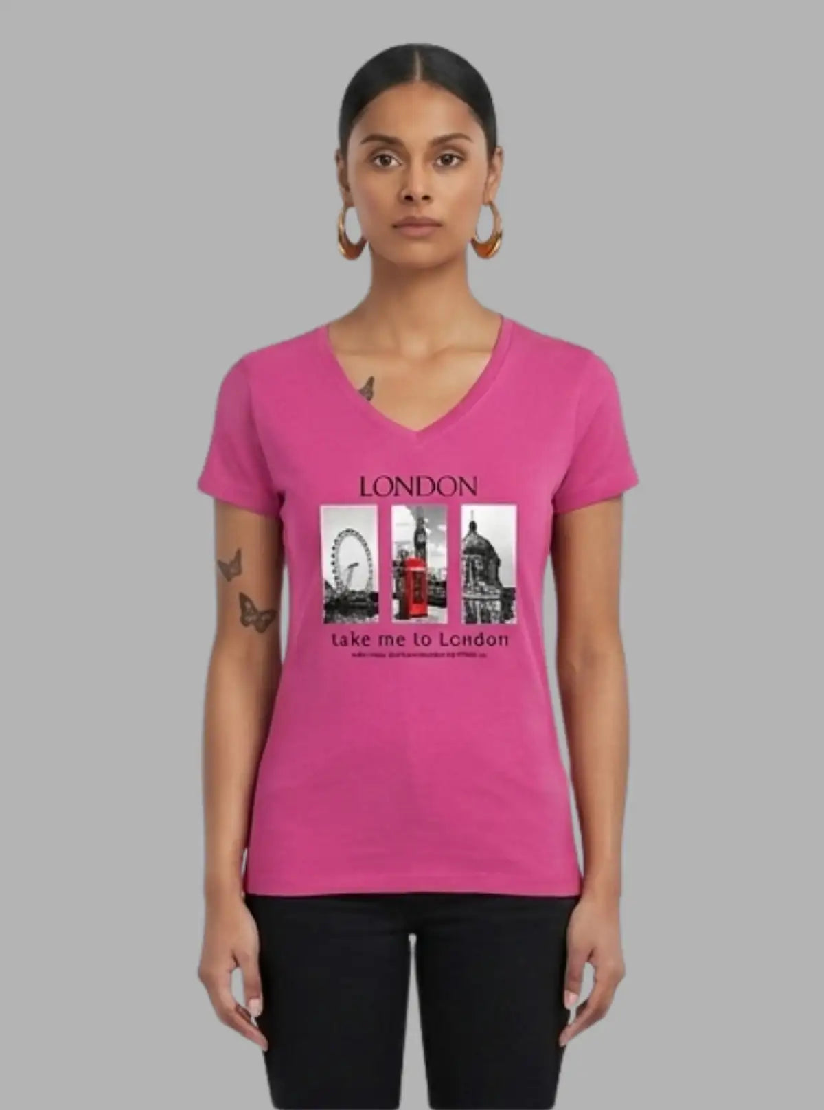 Women’s Fuchsia V-Neck Printed Short Sleeve Cotton Jersey T-Shirt by Boer and Fitch
