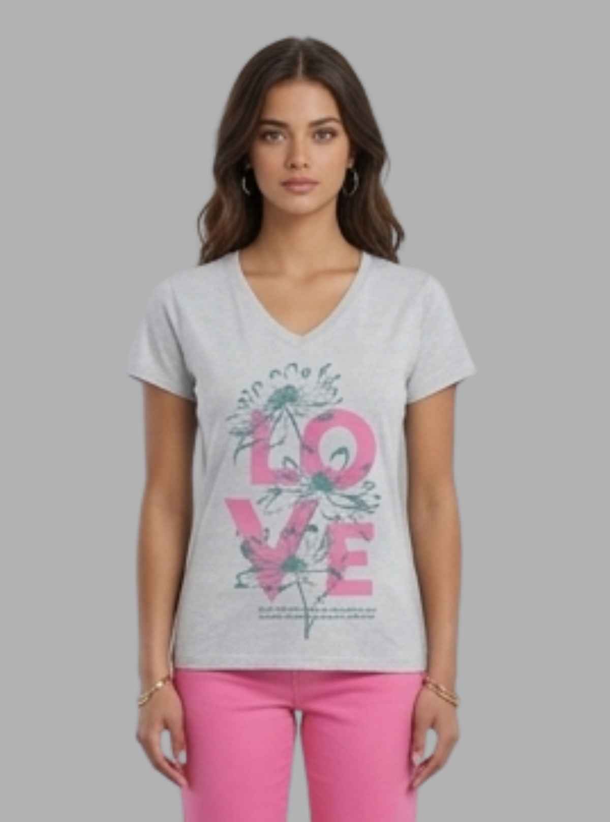 Women’s White Melange V-Neck Love Printed Short Sleeve Cotton Jersey T-Shirt by Boer and Fitch