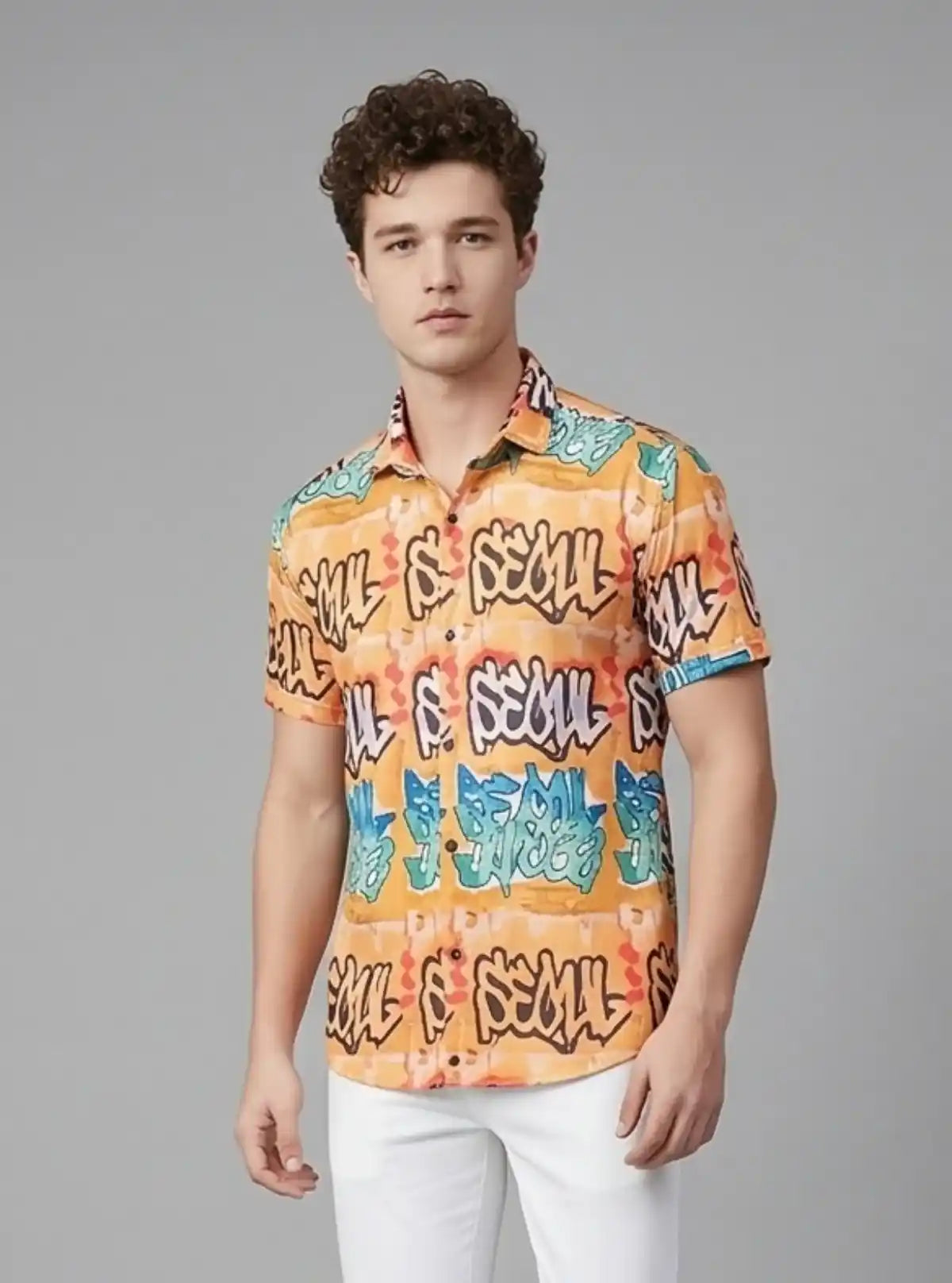Men’s Yellow Seoul Graphic Print Shirt in Polyester Spun | Boer & Fitch