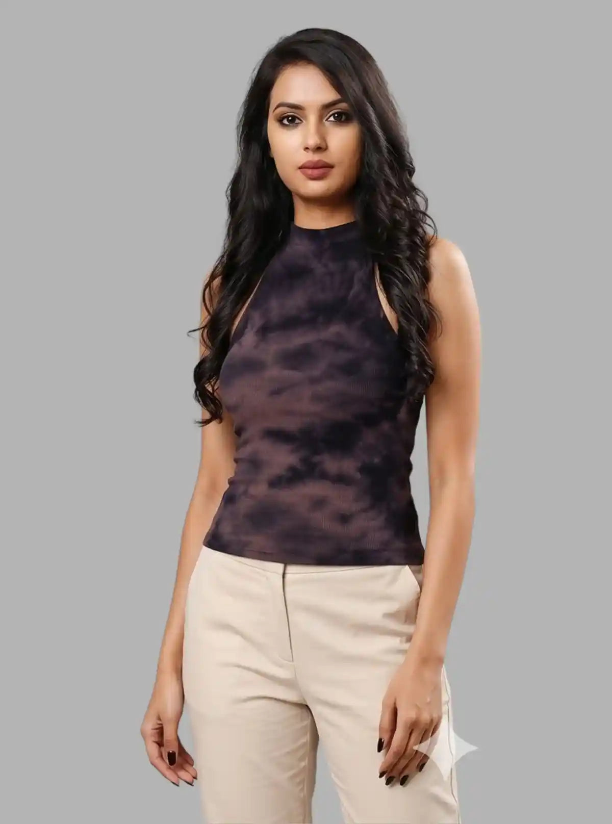 Women's Brown Tie and Dye Racer Neck Crop Top in Cotton Durby Knit