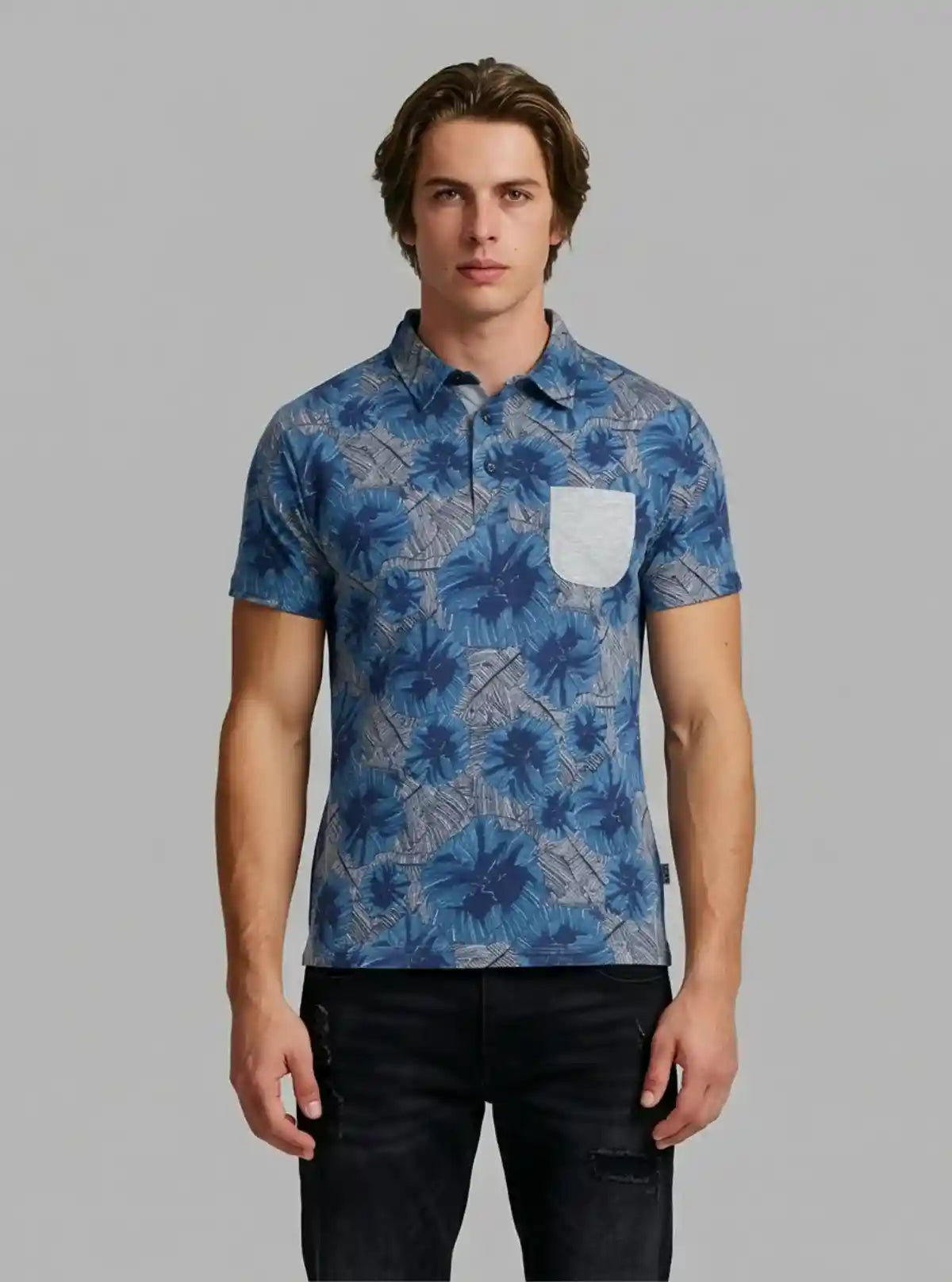 Men’s Blue Abstract Print Polo T-Shirt with Patch Pocket – Artistic & Modern Fit