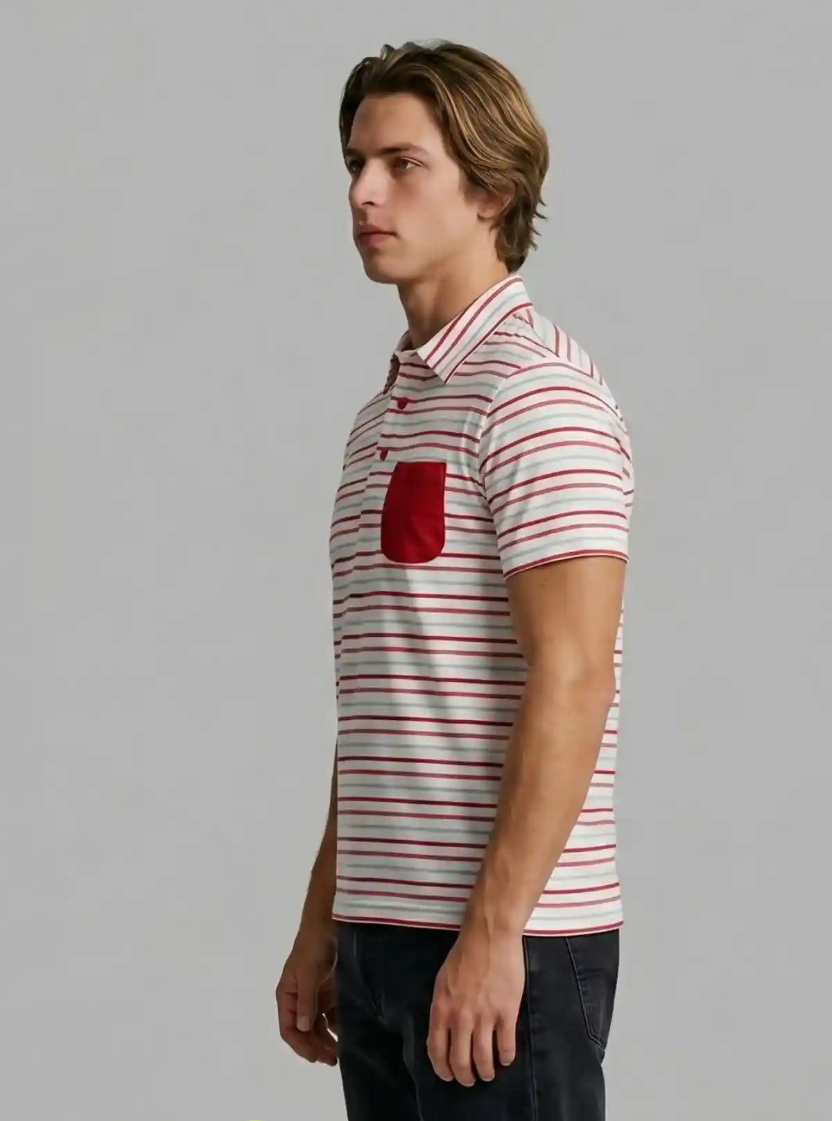 Men’s Red Striped Polo T-Shirt with Patch Pocket – Smart, Bold & Everyday Ready