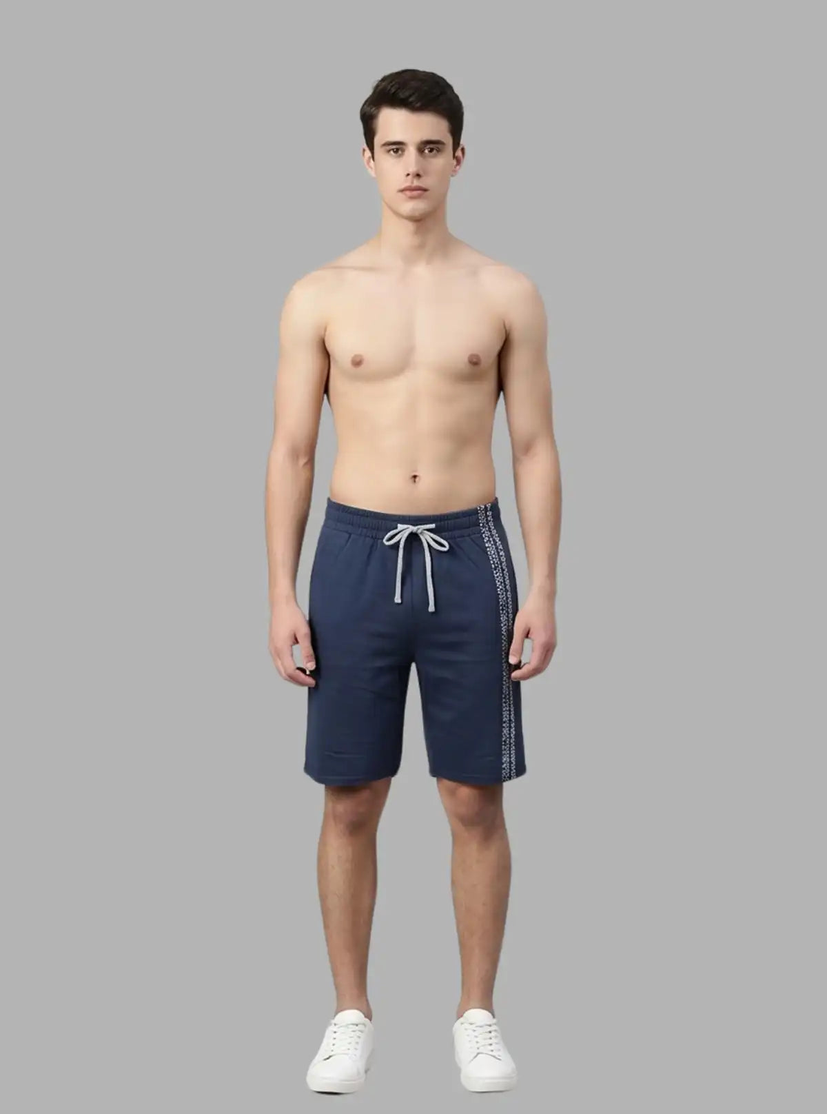 Boer and Fitch Navy Printed Fleece Shorts for Men Cotton Casuals