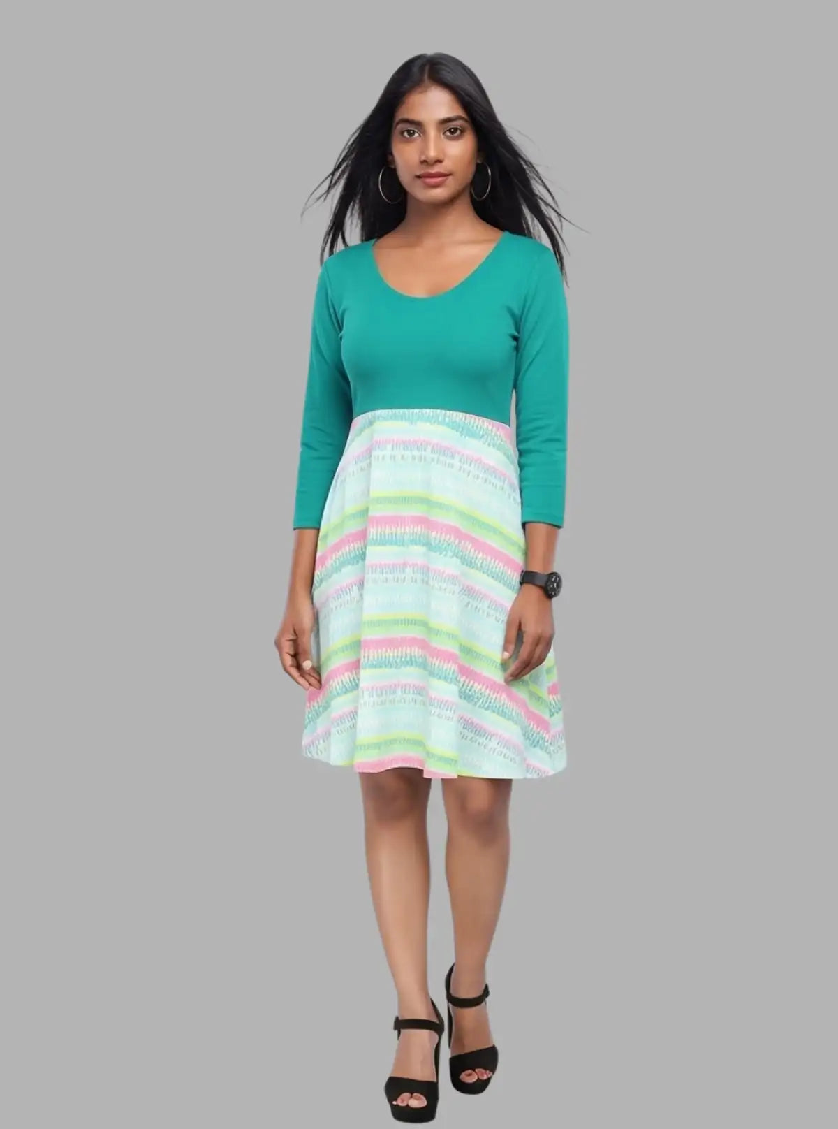 Women's Green Graphic Sweep Dress in 100% Cotton Feather Touch Fabric