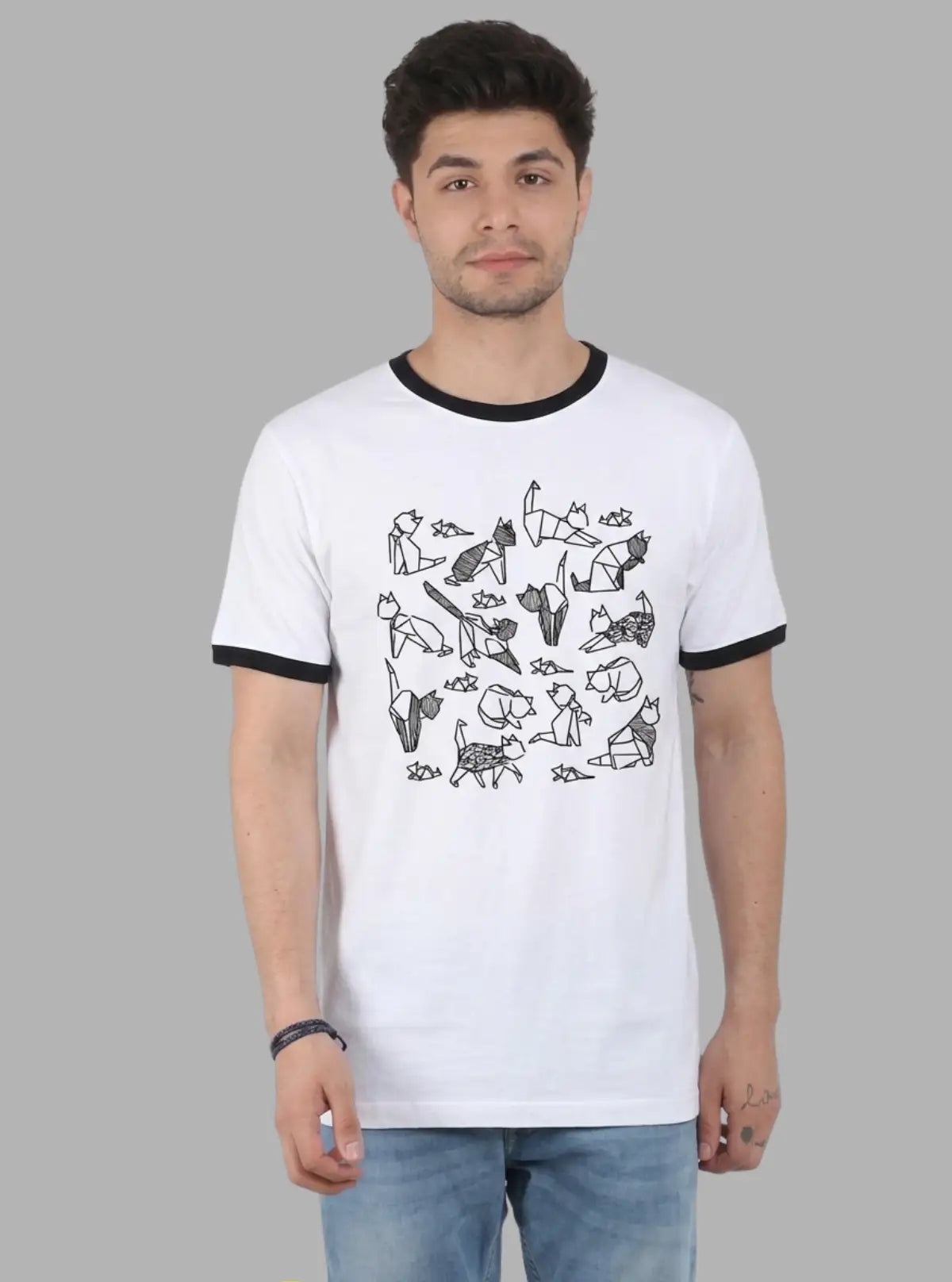 Men’s White Origami Print T-Shirt with Contrast Detailing – Bold Graphic Tee