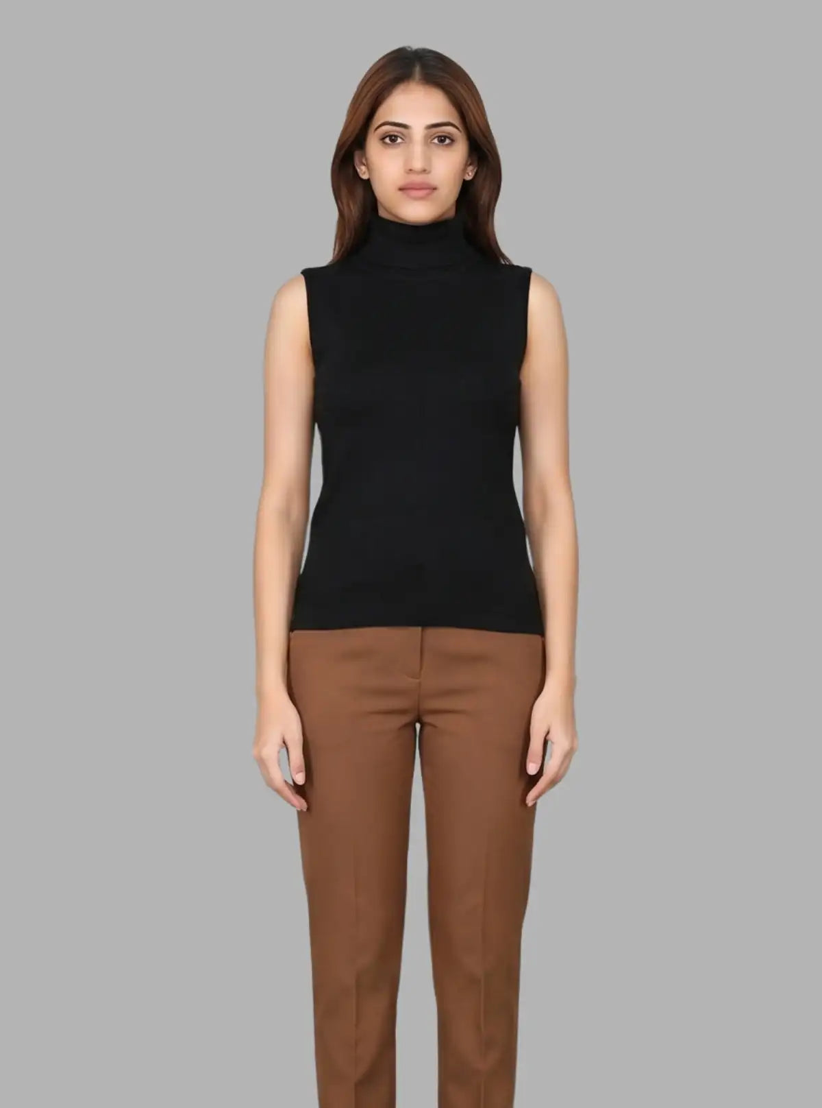 Women’s Black Sleeveless Cotton Ribbed Turtle Neck Top