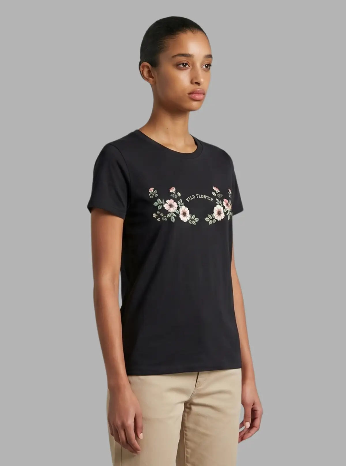 Women's Black Crew Neck Printed Cotton Jersey Short Sleeve T-Shirt by Boer and Fitch