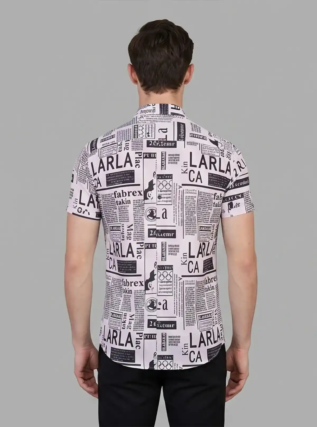 Men’s White Newspaper Print Poly Shirt – Trendy Slim Fit Casualwear by Boer & Fitch