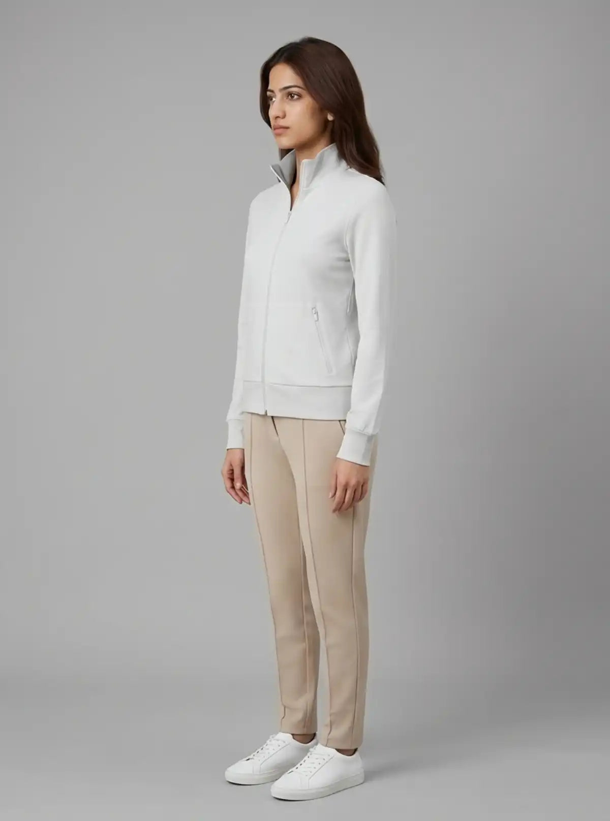 Women’s White Zipper Sweatshirt in Soft Cotton Fleece with Full Sleeves
