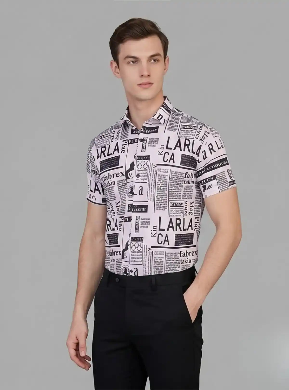 Men’s White Newspaper Print Poly Shirt – Trendy Slim Fit Casualwear by Boer & Fitch