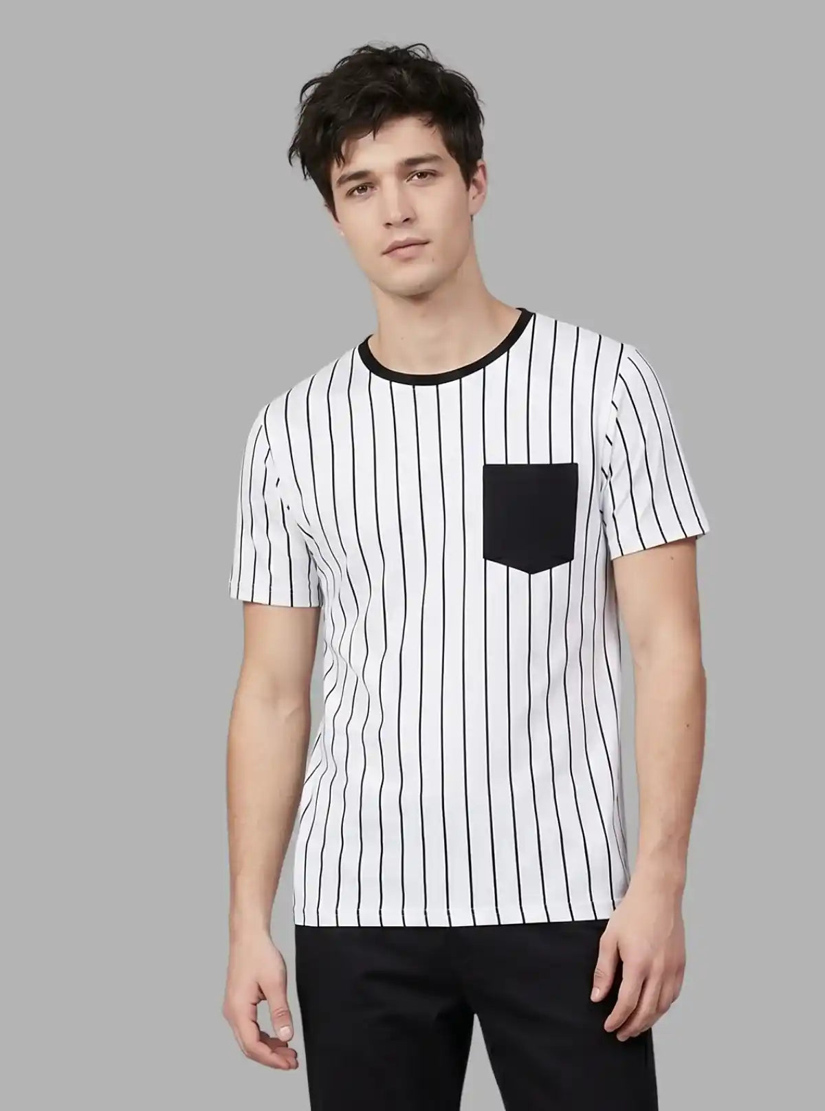 Men’s White Striped T-Shirt with Patch Pocket – Smart & Stylish Everyday Wear