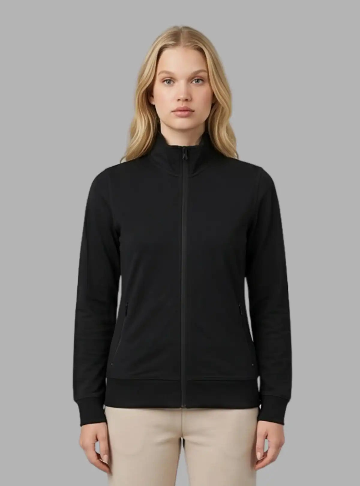 Women’s Black Zipper Sweatshirt in Cotton Fleece with Full Sleeves