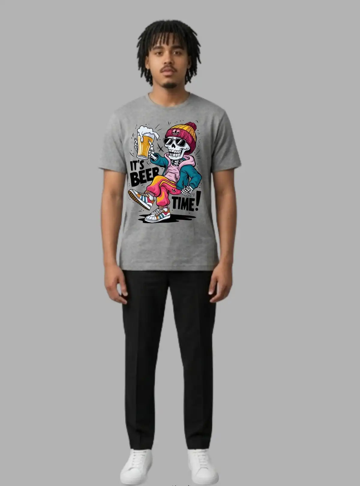 Boer and Fitch Men's Grey Melange Skeleton Printed Cotton T-Shirt | Graphic Crew Neck
