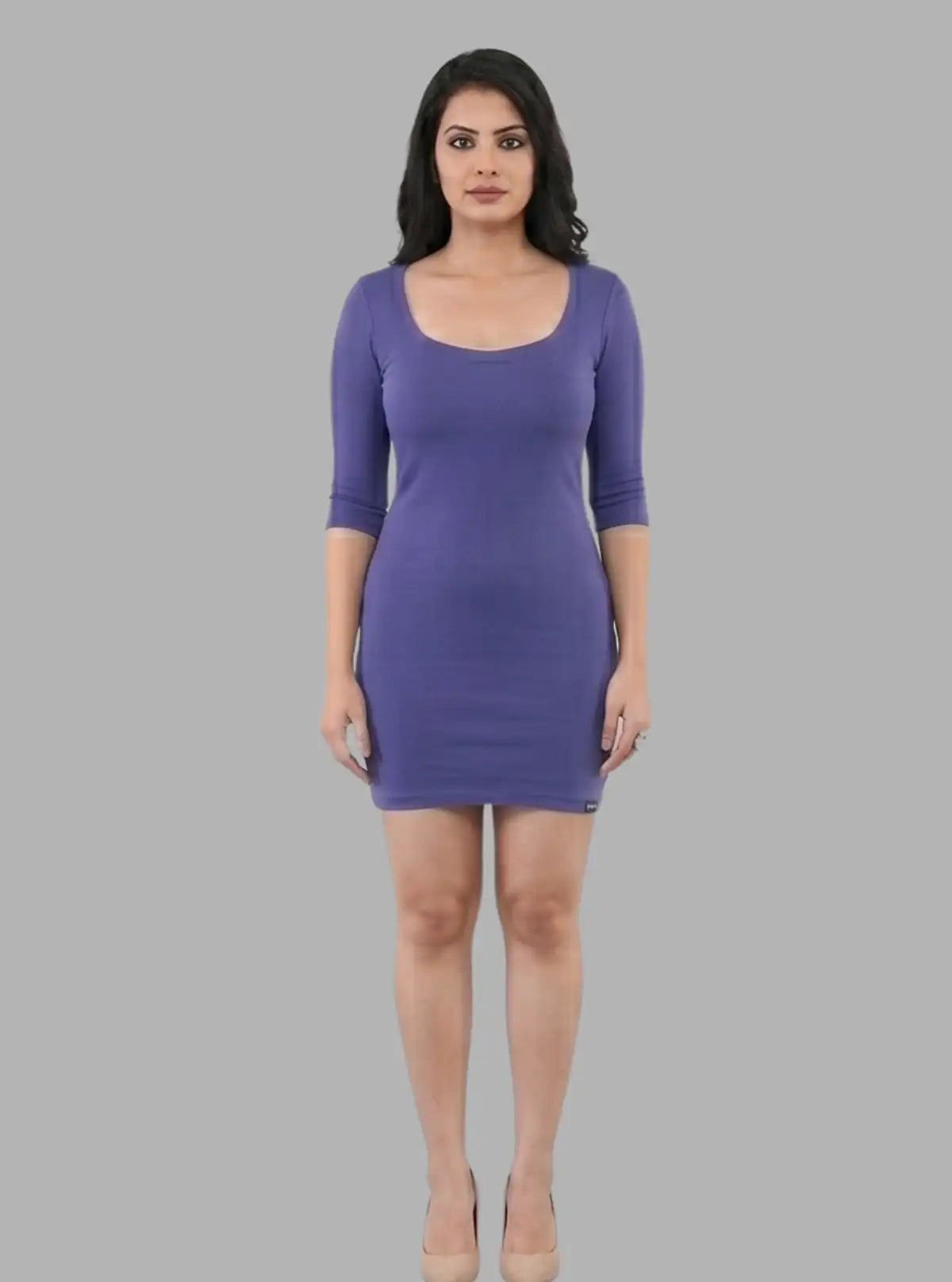 Women's Blue Cotton Elastane Bodycon Sleeve Dress – Sleek & Stretch Fit
