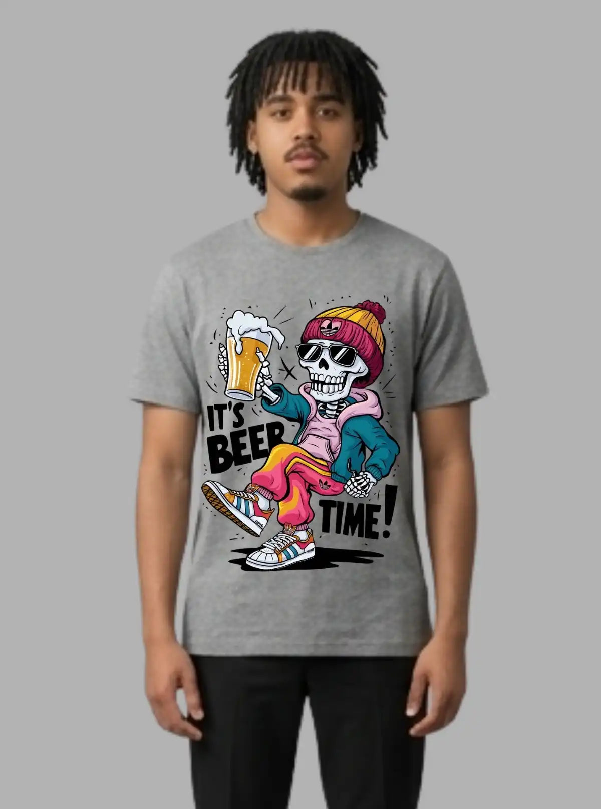 Boer and Fitch Men's Grey Melange Skeleton Printed Cotton T-Shirt | Graphic Crew Neck