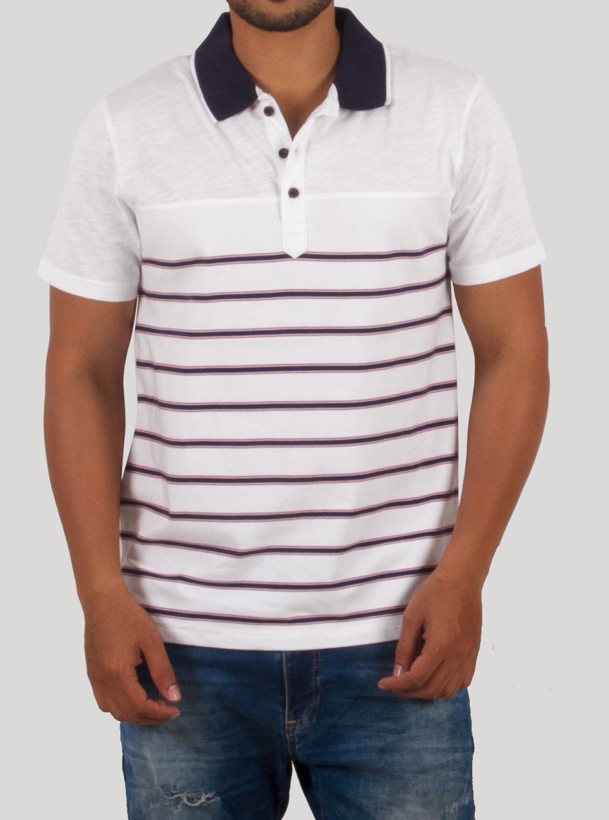 White Polo with Blue Stripe TShirt