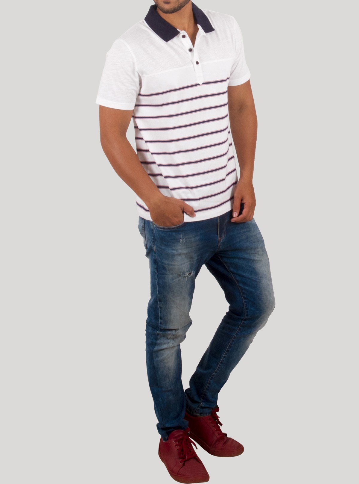White Polo with Blue Stripe TShirt