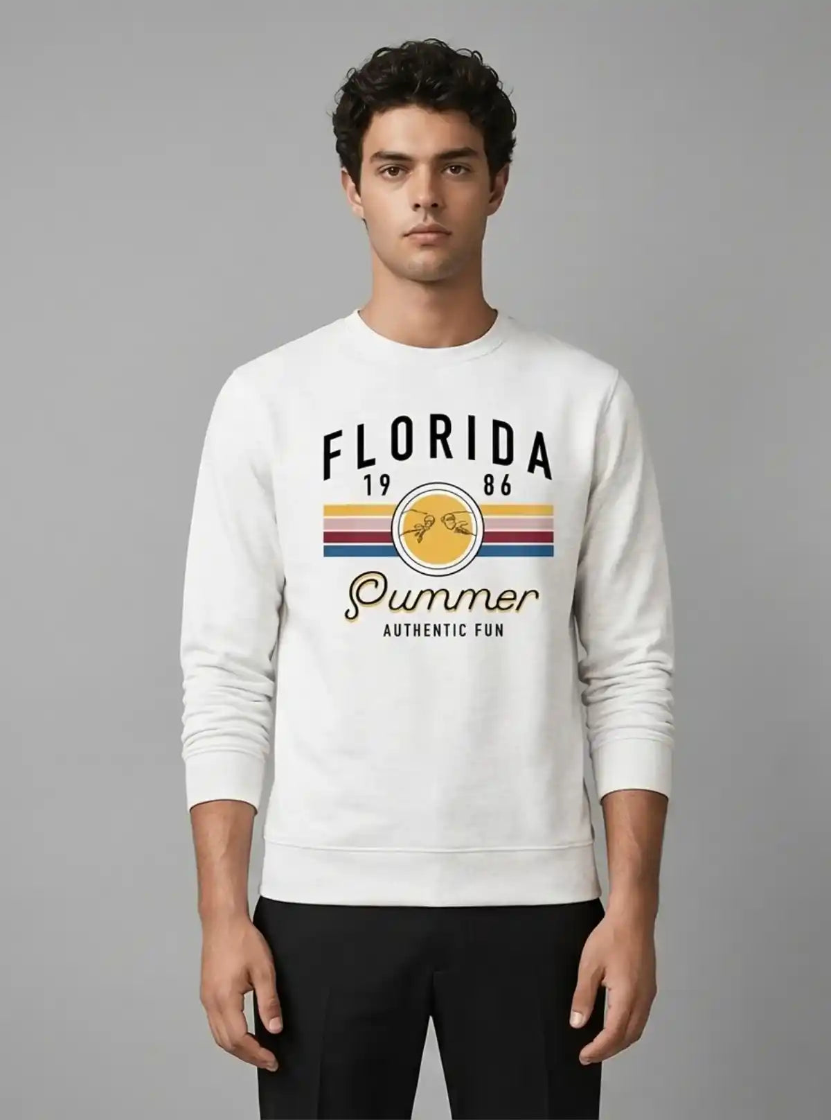 Men’s White Printed Fleece Sweatshirt – Bold Print, Cozy Feel & Style