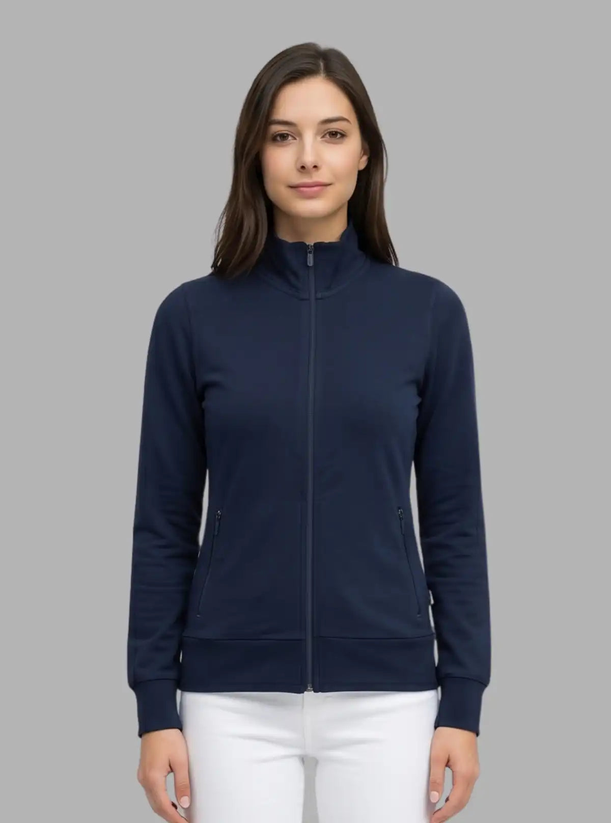 Women’s Blue Full Sleeve Cotton Fleece Zipper Sweatshirt by Boer & Fitch