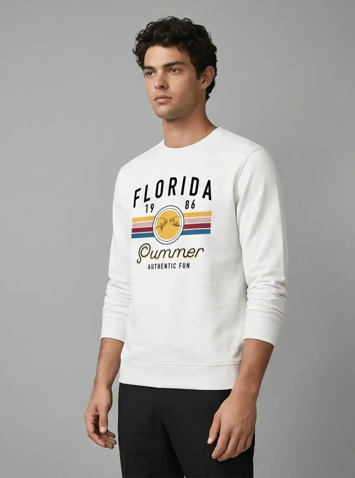 Men’s White Printed Fleece Sweatshirt – Bold Print, Cozy Feel & Style