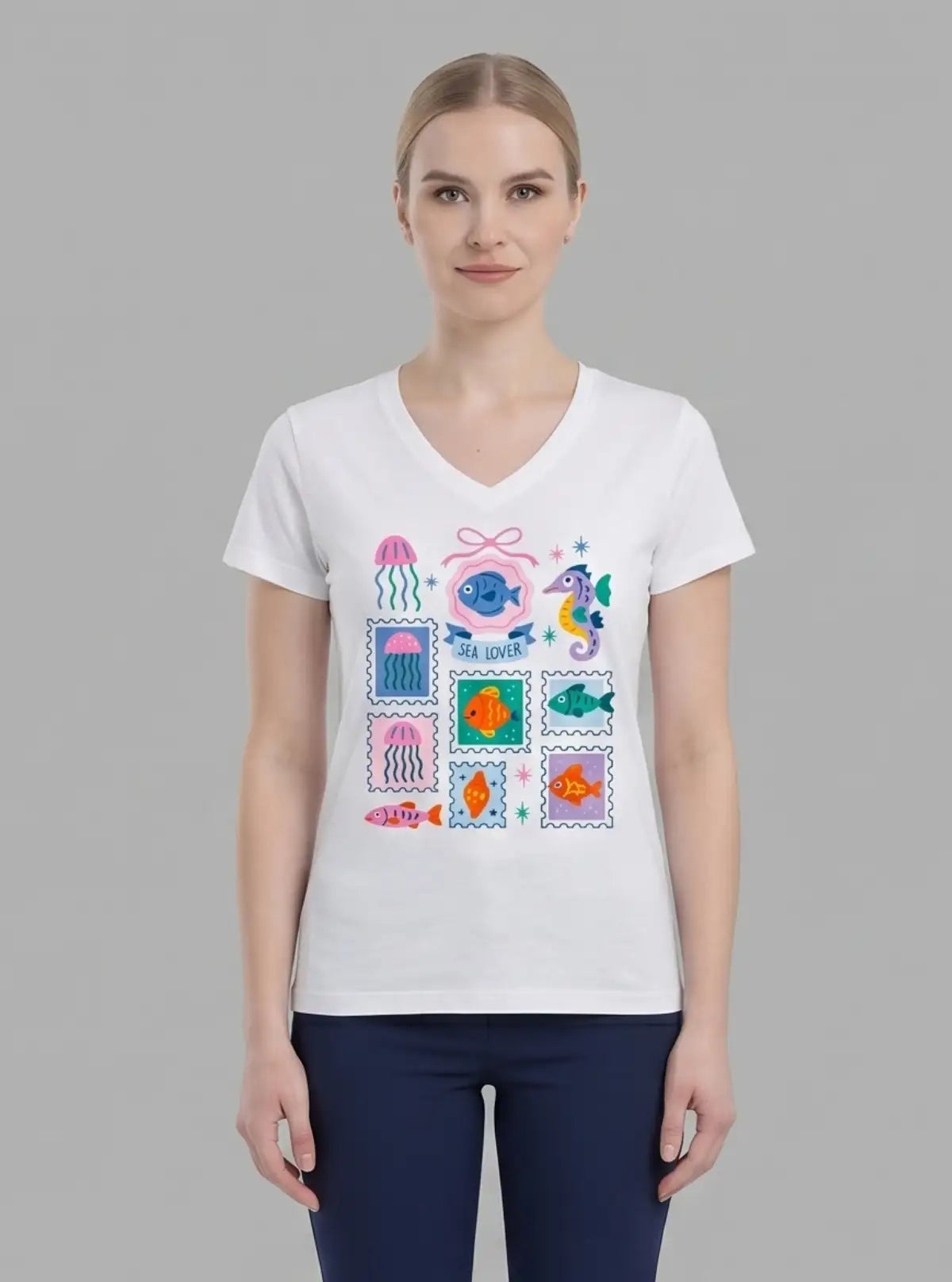Women’s White V-Neck Printed Short Sleeve Cotton Jersey T-Shirt by Boer and Fitch