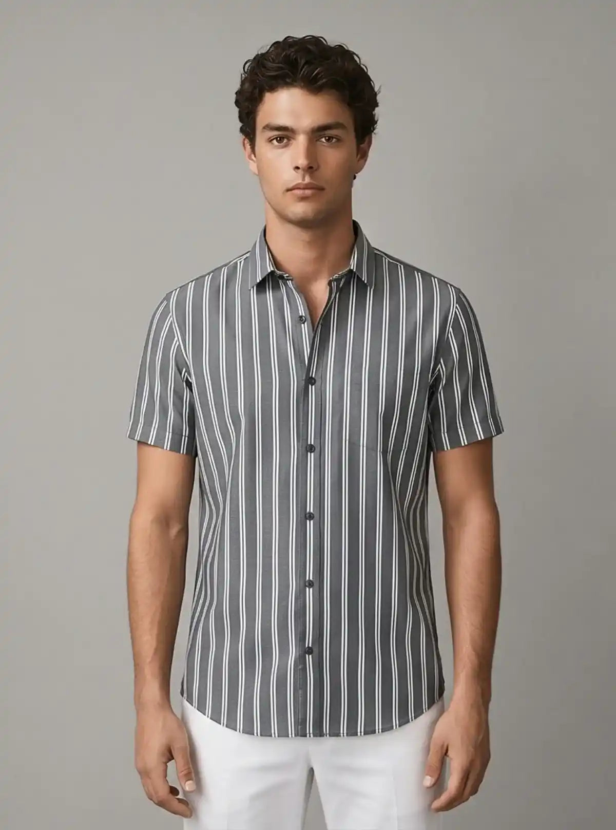 Men’s Green Vertical Striped Printed Poly Shirt – Trendy Slim Fit Casual by Boer & Fitch