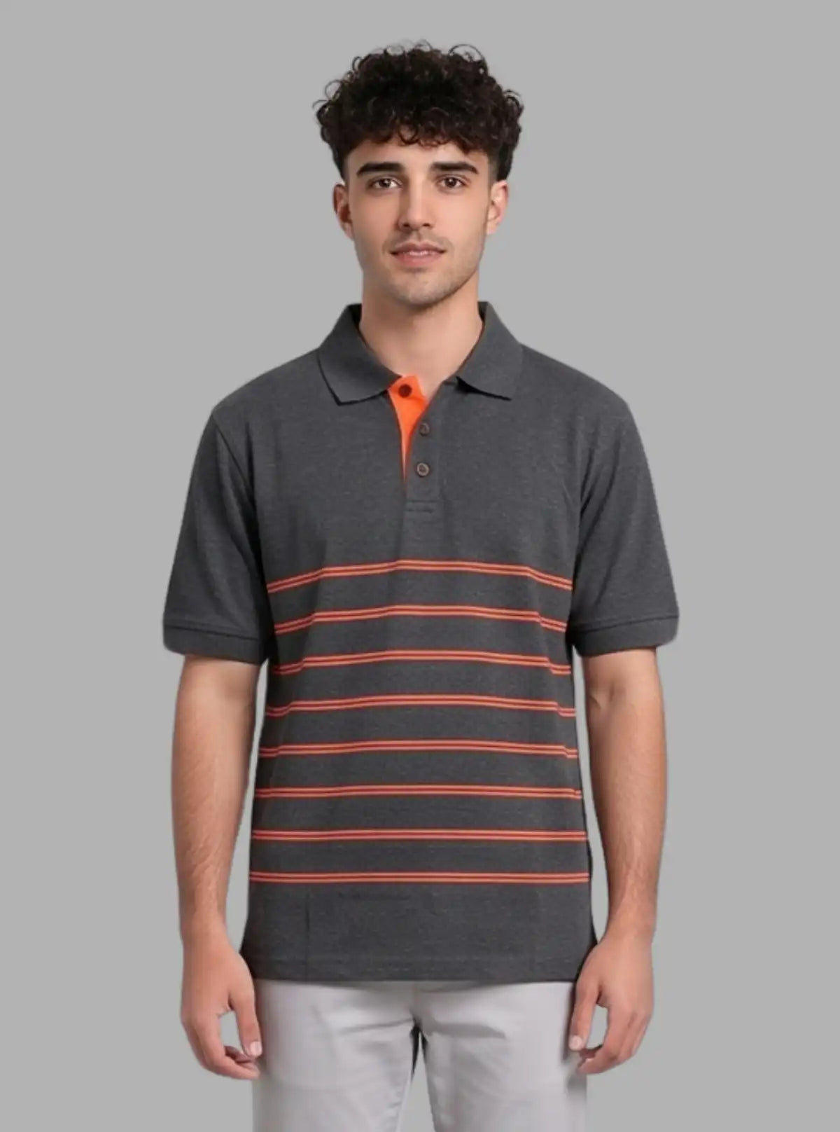 Coral Striped Grey Polo T-Shirt for Men – Casual Cotton Tee by Boer and Fitch