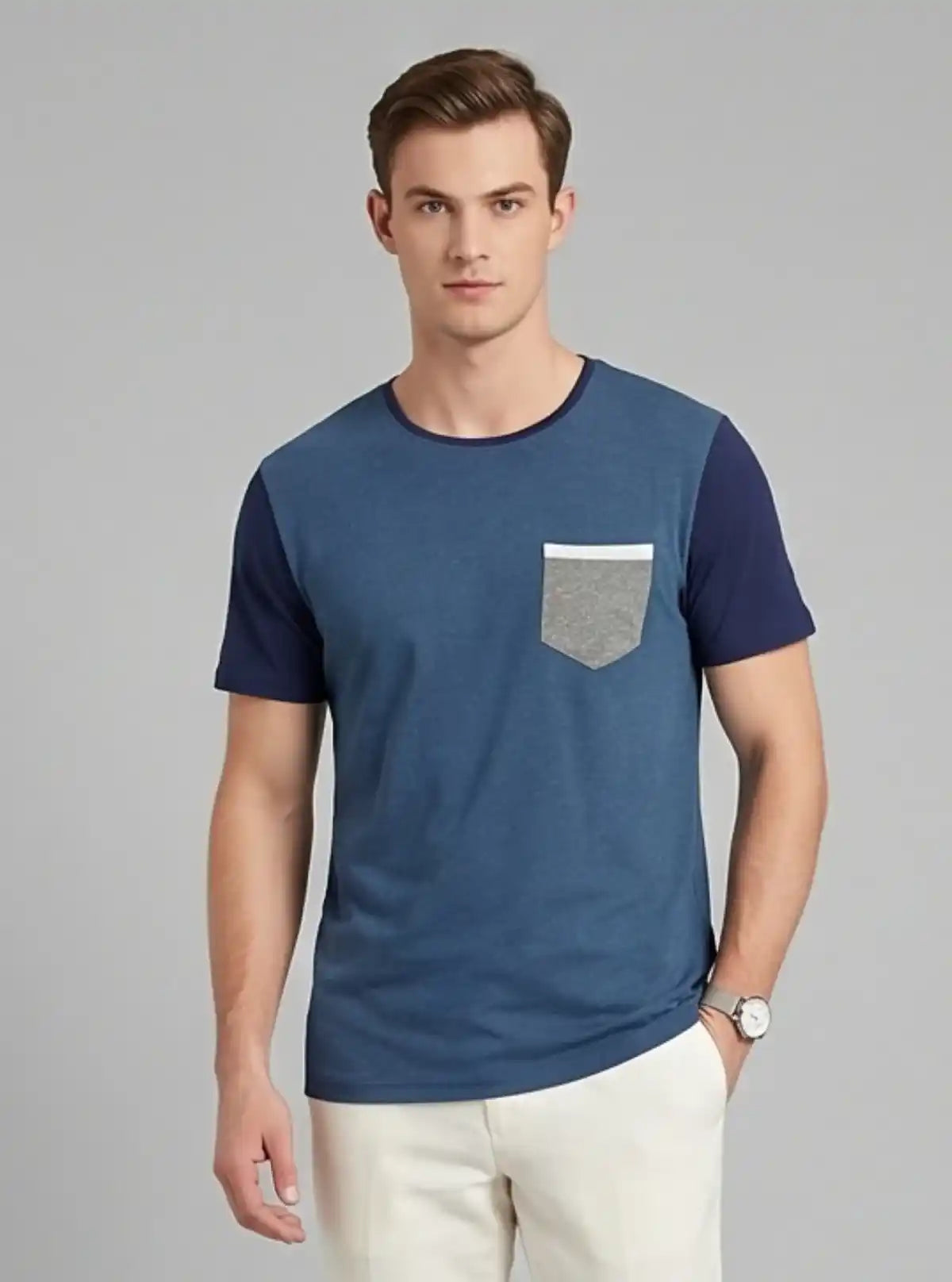 Men’s Navy Contrast Sleeve T-Shirt with Patch Pocket – Smart Casual Wear