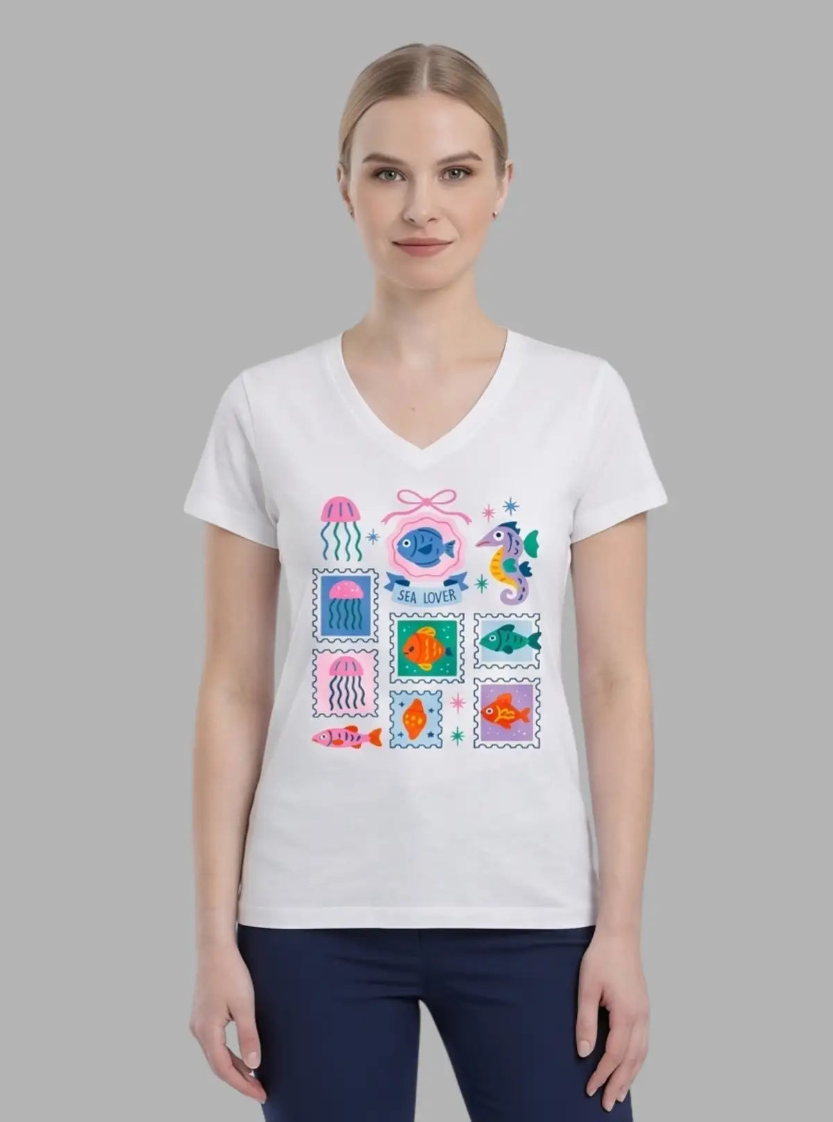 Women’s White V-Neck Printed Short Sleeve Cotton Jersey T-Shirt by Boer and Fitch