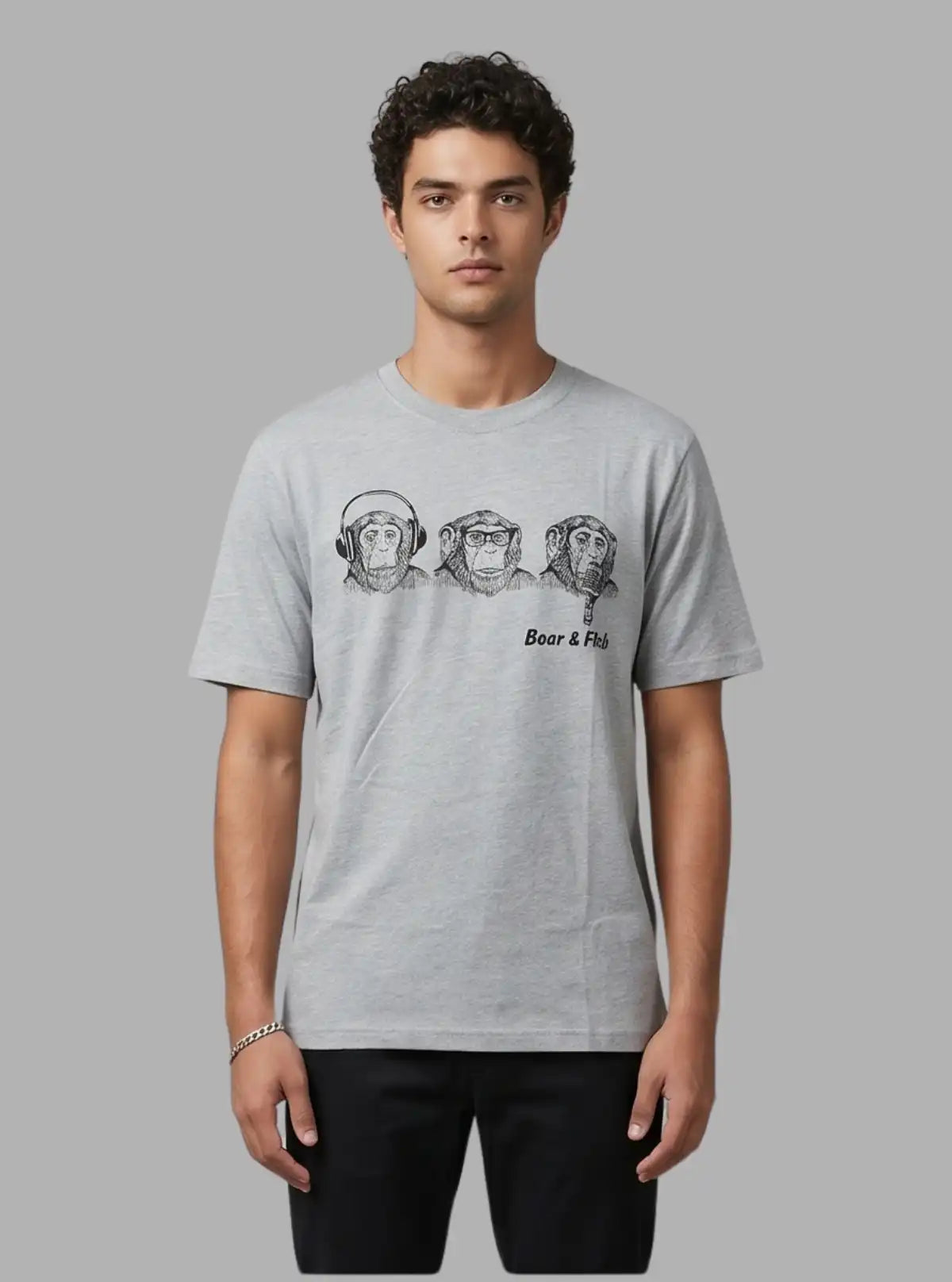Grey Melange Monkey Print T-Shirt for Men – Casual & Stylish by Boer and Fitch